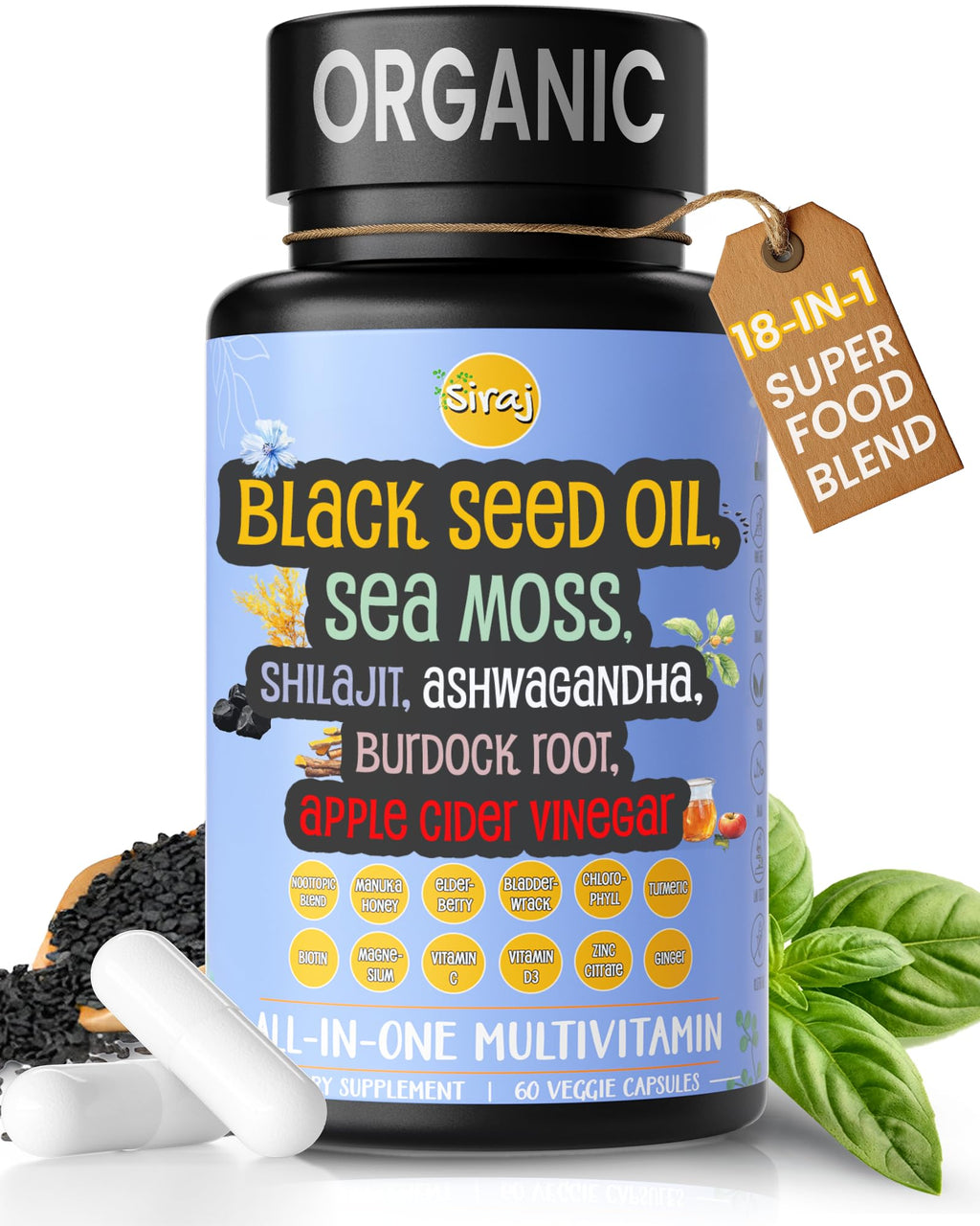 Siraj 18-in-1 Superfood Multivitamin - Irish Sea Moss, Black Seed Oil, Shilajit, Ashwagandha, 5% Thymoquinone, Burdock Root, Nootropic Supplement for Immunity, Focus, Energy and Mood - 60 Capsules - TrustMedUSA