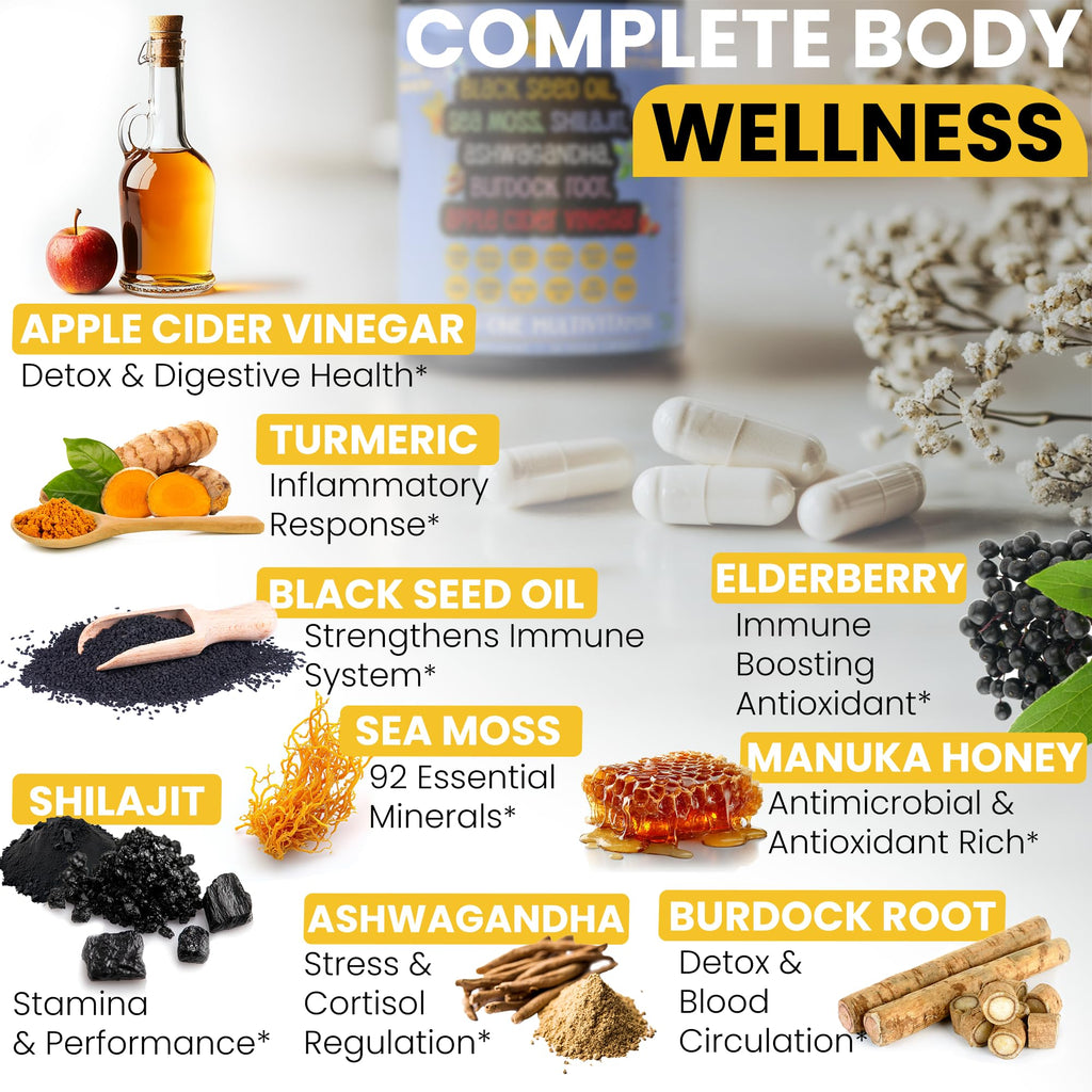 Siraj 18-in-1 Superfood Multivitamin - Irish Sea Moss, Black Seed Oil, Shilajit, Ashwagandha, 5% Thymoquinone, Burdock Root, Nootropic Supplement for Immunity, Focus, Energy and Mood - 60 Capsules - TrustMedUSA