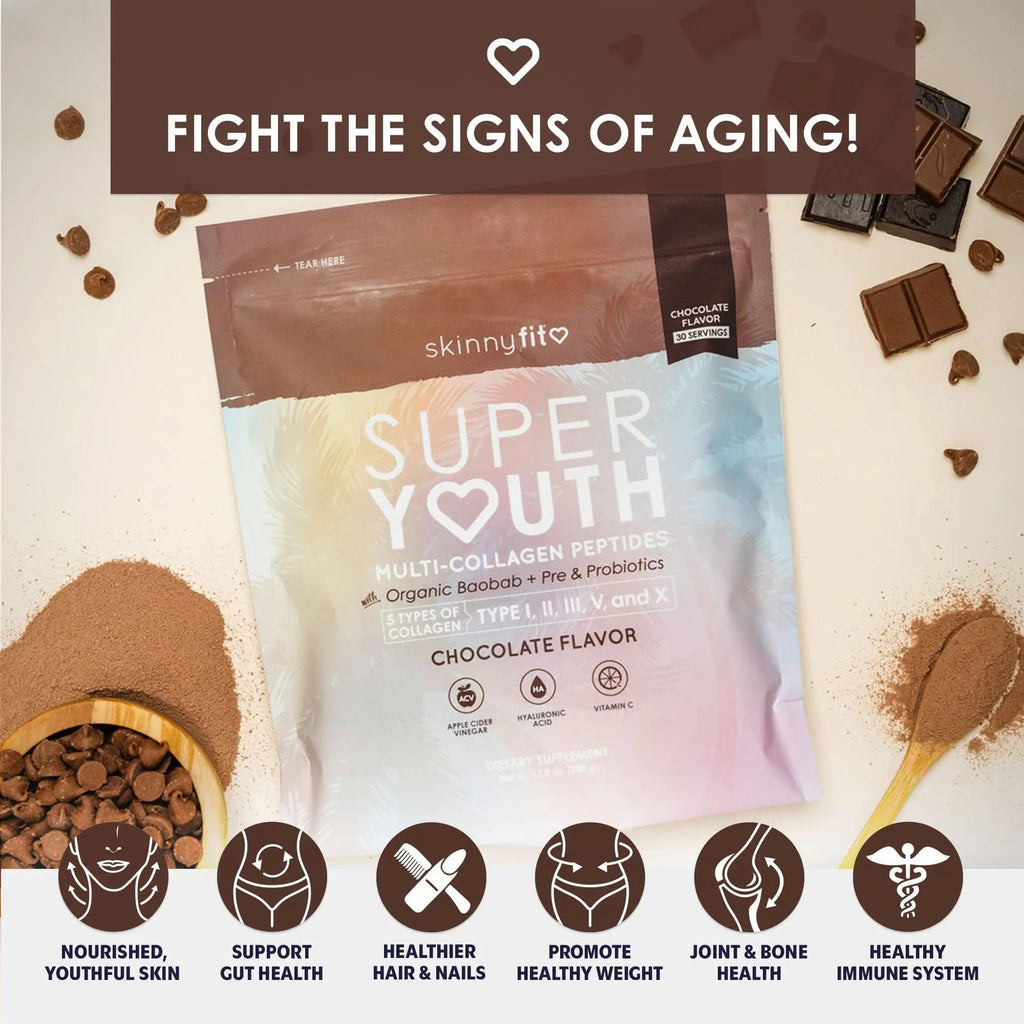 SkinnyFit Super Youth Chocolate Multi-Collagen Peptides + Probiotics, Baobab Fiber - TrustMedUSA