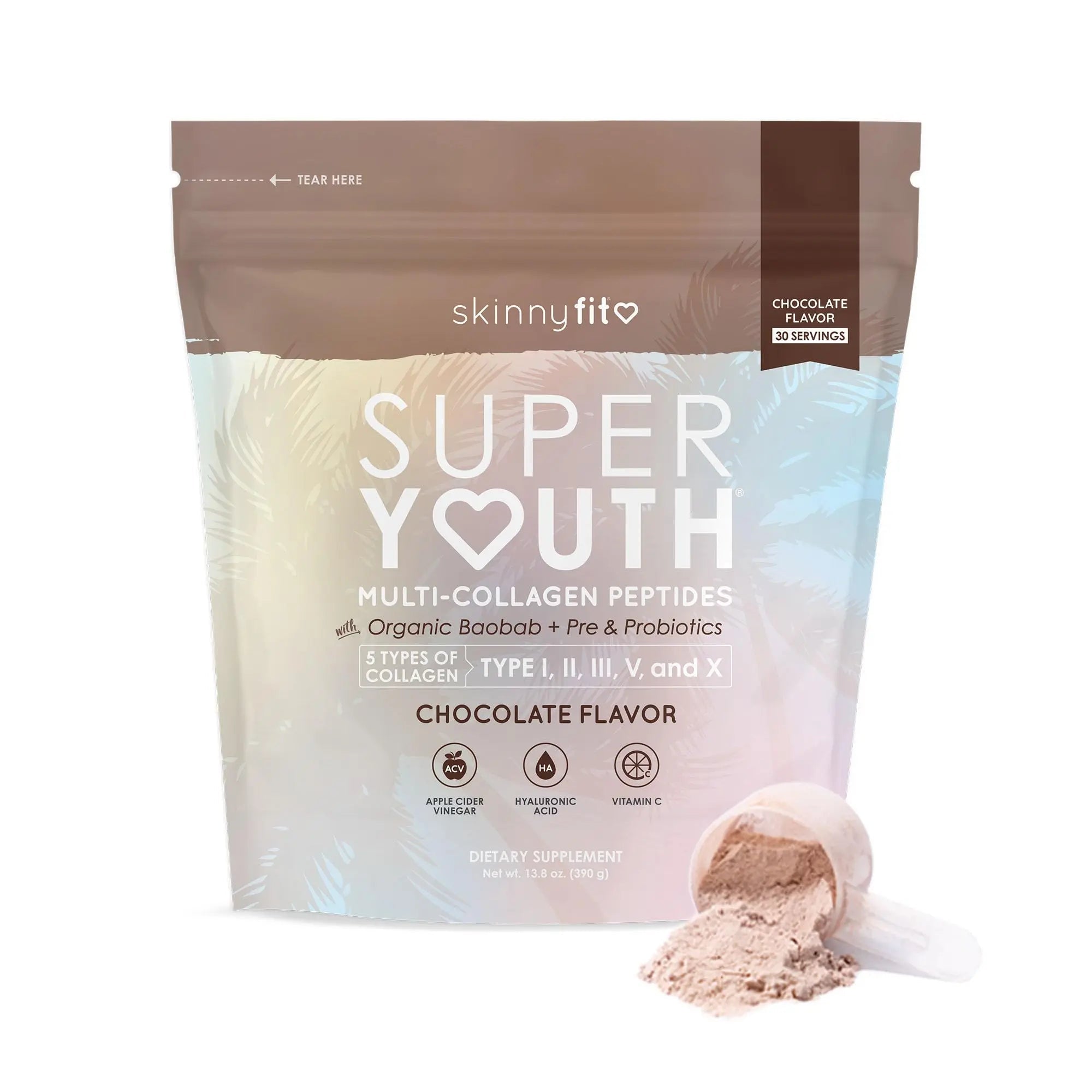 SkinnyFit Super Youth Chocolate Multi-Collagen Peptides + Probiotics, Baobab Fiber - TrustMedUSA