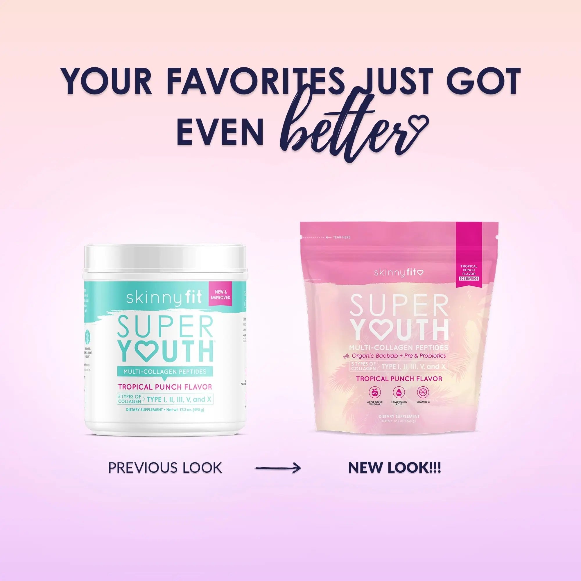 SkinnyFit Super Youth Tropical Punch Multi-Collagen Peptides + Probiotics, Baobab Fiber - TrustMedUSA