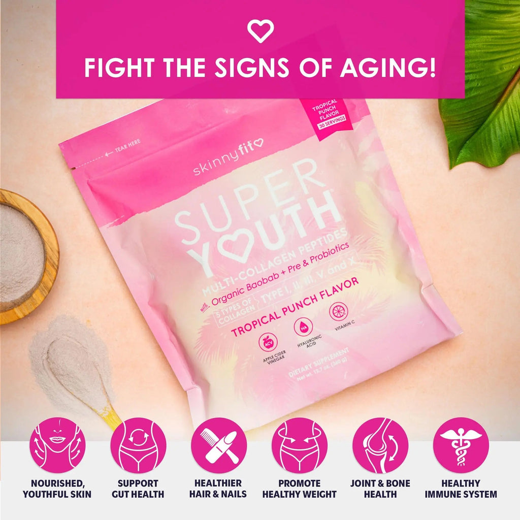SkinnyFit Super Youth Tropical Punch Multi-Collagen Peptides + Probiotics, Baobab Fiber - TrustMedUSA