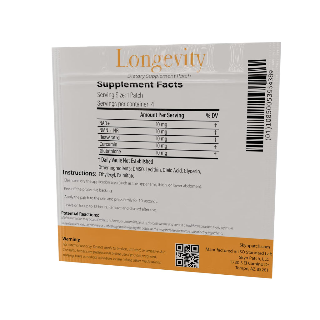 SkynPatch Longevity Transdermal Wellness Patch – NAD+, Resveratrol, Curcumin & Glutathione | Cellular Wellness + Antioxidant Support | 4 Patch Pack - TrustMedUSA