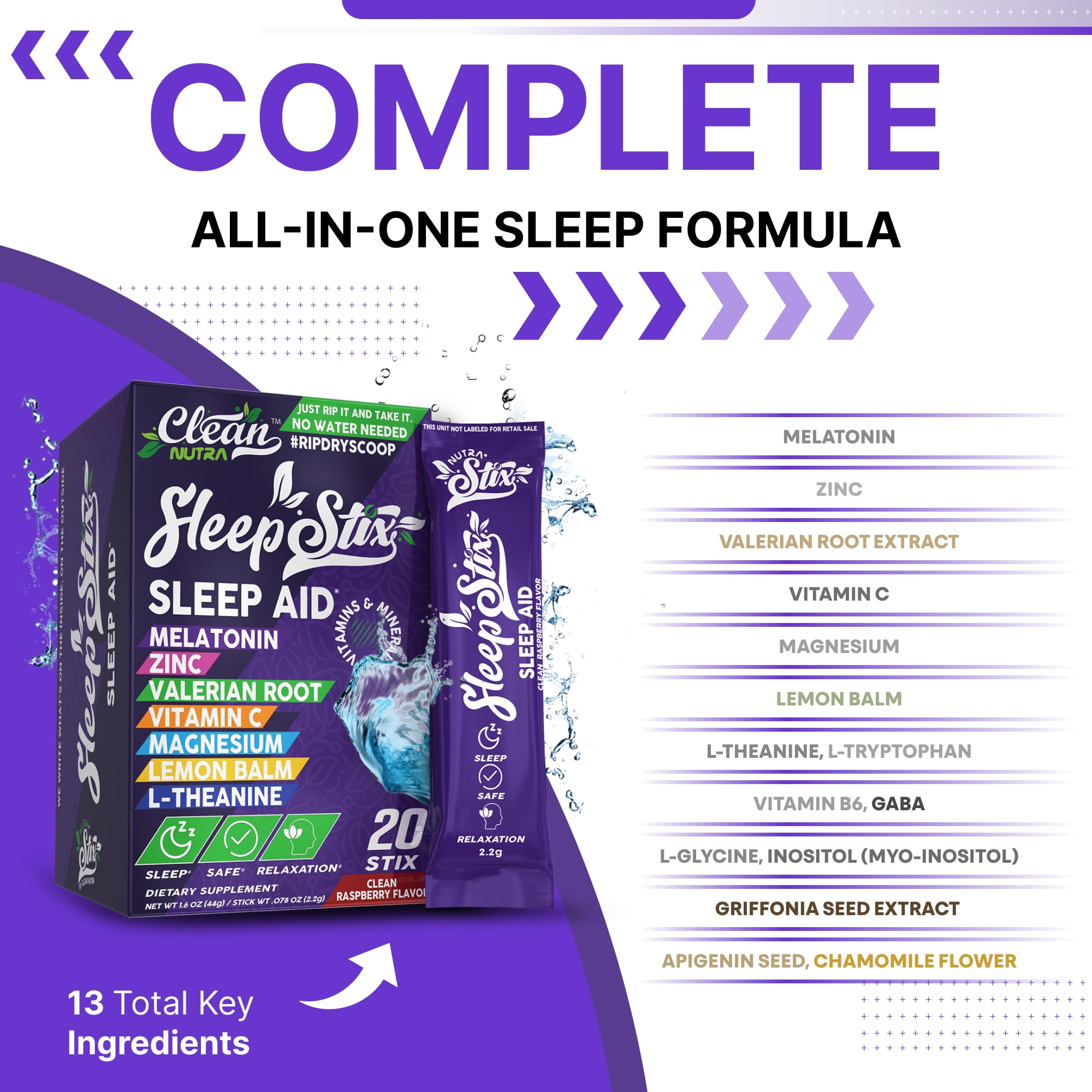 Sleep Aid Melatonin Powder Tryptophan Glycine Valerian Root Magnesium For Sleep Lemon Balm L Theanine Magnesium Glycinate Zinc Sleep Aid Myo Inositol GABACalm B6 5 HTP Stress Relief 20 Stix - TrustMedUSA