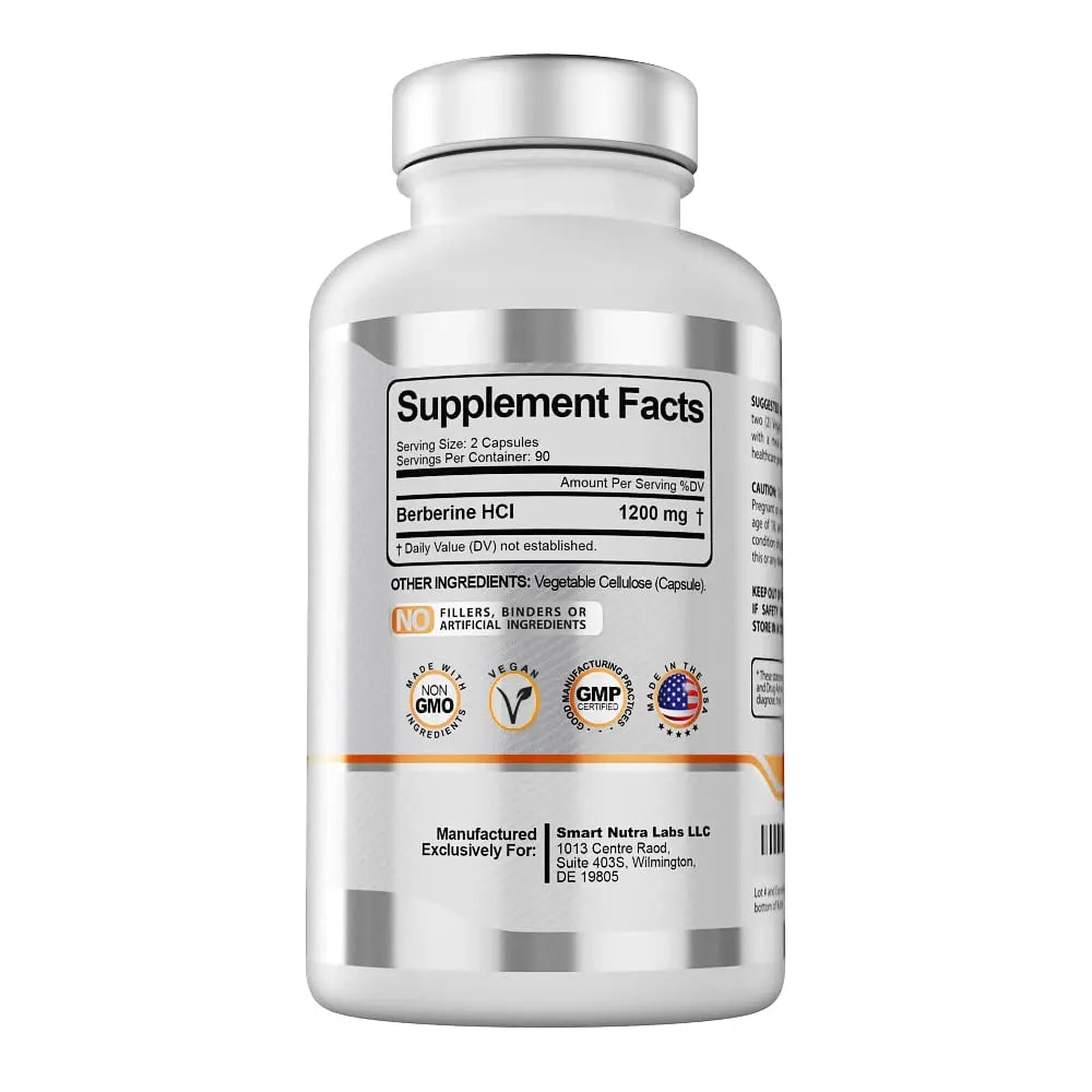 Smart Nutra Labs Premium Berberine HCL 1200mg- 180 Vegan Capsules, 100% Pure - TrustMedUSA