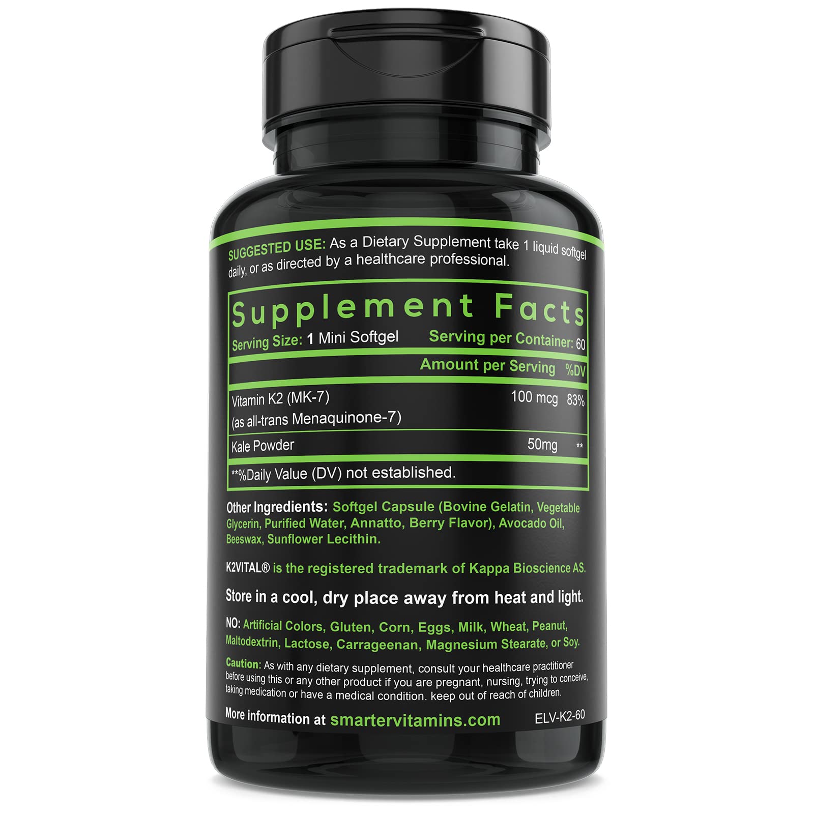 Smarter Vitamin K2 MK7 100mcg, Made with K2VITAL and Kale, 60 Liquid Softgels - Maple Wellness Supplements