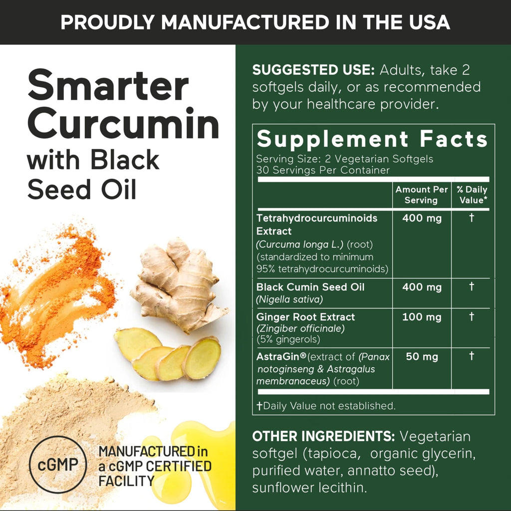 SMARTERNUTRITION Curcumin Softgels - Vegan High Absorption 400 mg Turmeric Supplement + Black Seed Oil & Ginger - 95% Tetrahydrocurcuminoids Non-GMO, USA Manufactured - 60 Ct[30 Servings] - TrustMedUSA