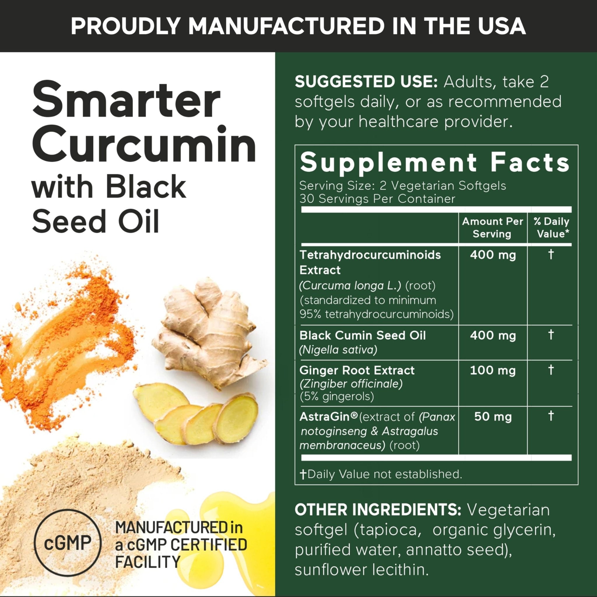SMARTERNUTRITION Curcumin Softgels - Vegan High Absorption 400 mg Turmeric Supplement + Black Seed Oil & Ginger - 95% Tetrahydrocurcuminoids Non-GMO, USA Manufactured - 60 Ct[30 Servings] - TrustMedUSA