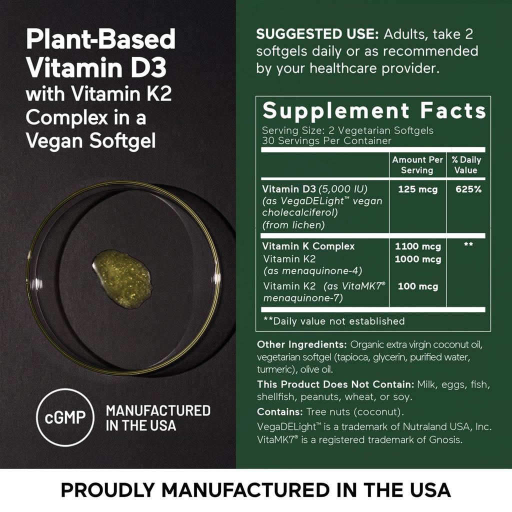 SMARTERNUTRITION Vegan Vitamin D3 5000 IU + Natural Vitamin K2 1100 mcg in Organic Coconut & Olive Oil - D3 K2 Supplement for Immune & Bone Support - TrustMedUSA