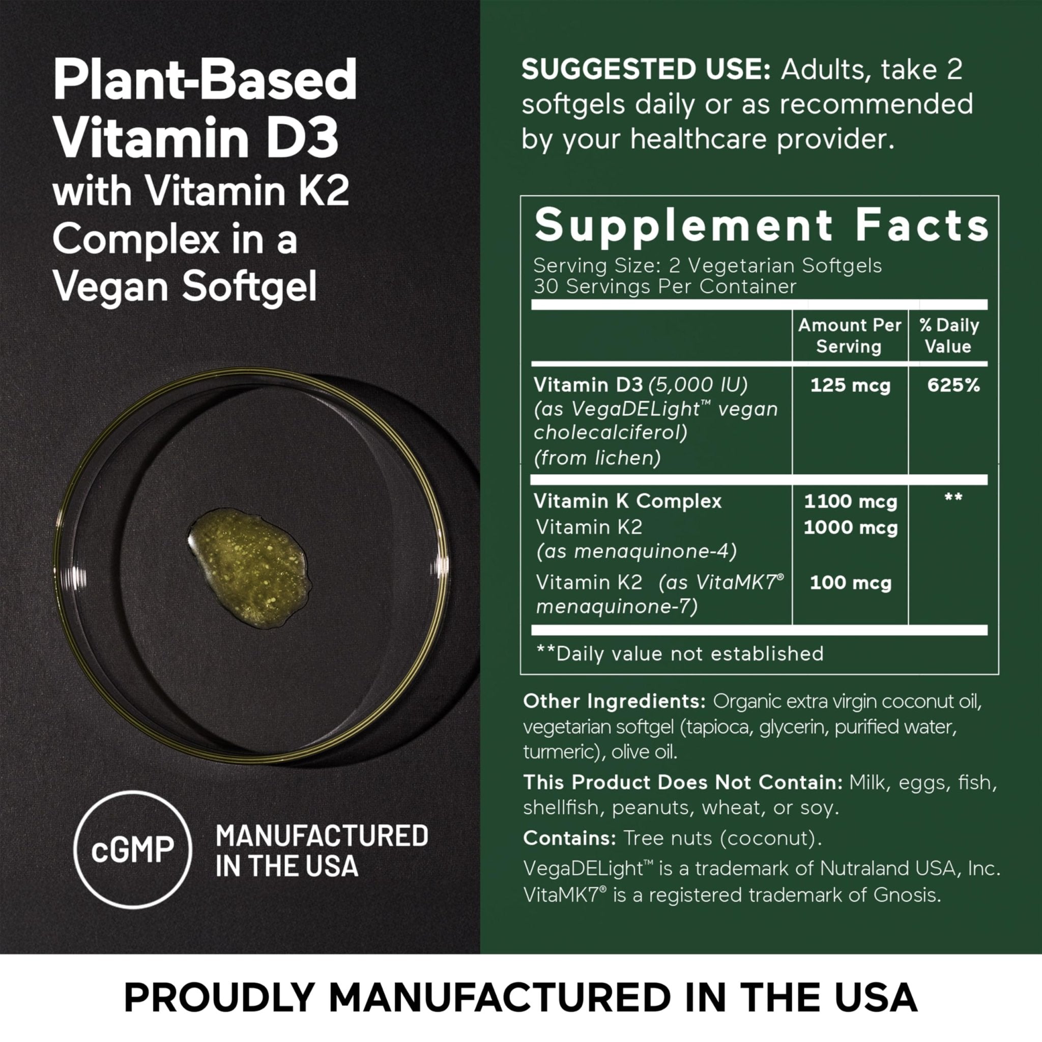 SMARTERNUTRITION Vegan Vitamin D3 5000 IU + Natural Vitamin K2 1100 mcg in Organic Coconut & Olive Oil - D3 K2 Supplement for Immune & Bone Support - TrustMedUSA