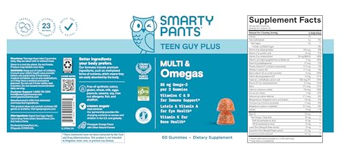 SmartyPants Teen Guy Multivitamin Gummies, Omega 3 (DHA/EPA), Vitamin D3, C, Vitamin B12, B6, A, K & Zinc, Folate, Gluten Free, Fruit Flavor, 60 Count (30 Day Supply) - TrustMedUSA
