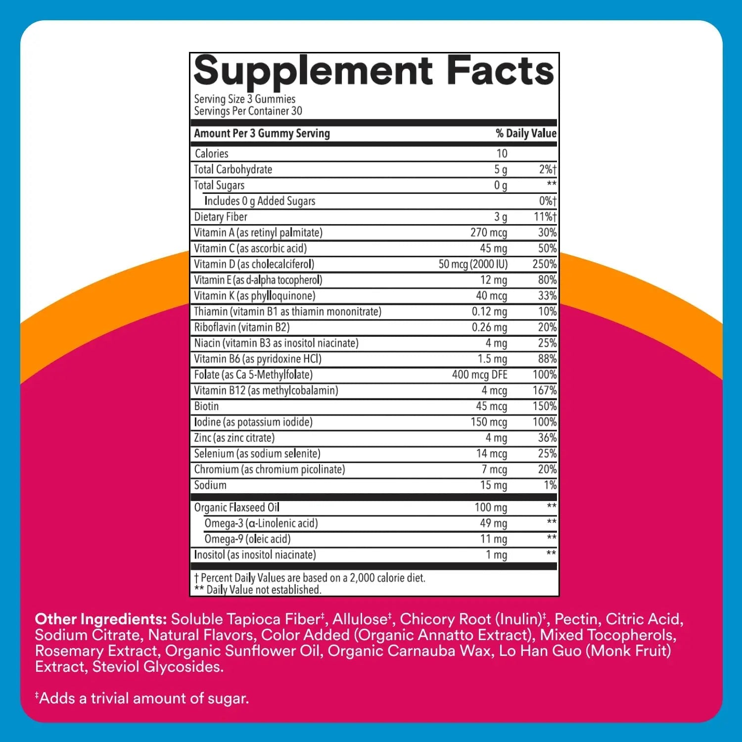 SmartyPants Zero Sugar Women’s Multivitamin Gummies: Biotin, Methylfolate, Omega 3 (ALA), Vitamin D3, C, Vitamin B12, B6, A, K, Zinc, Inositol - TrustMedUSA