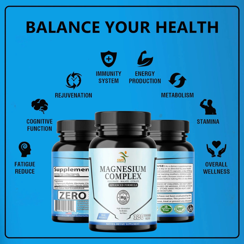 SMSHEALTHPRODUCTS.com Magnesium Complex | 470mg of Magnesium Glycinate, Malate, & Citrate for Muscles, Nerves, & Energy | High Absorption | Vegan, Non-GMO | 120 Capsules - TrustMedUSA