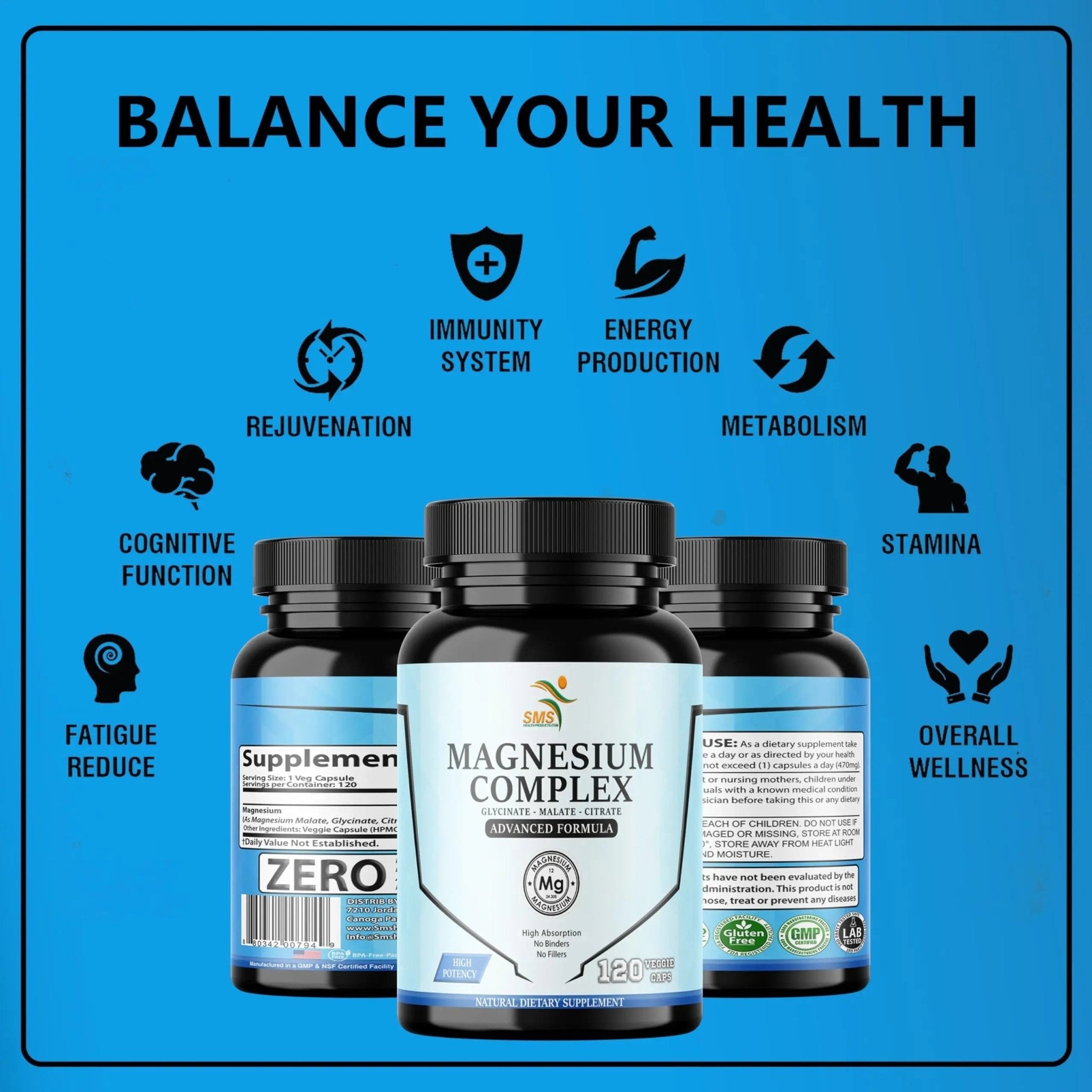 SMSHEALTHPRODUCTS.com Magnesium Complex | 470mg of Magnesium Glycinate, Malate, & Citrate for Muscles, Nerves, & Energy | High Absorption | Vegan, Non-GMO | 120 Capsules - TrustMedUSA