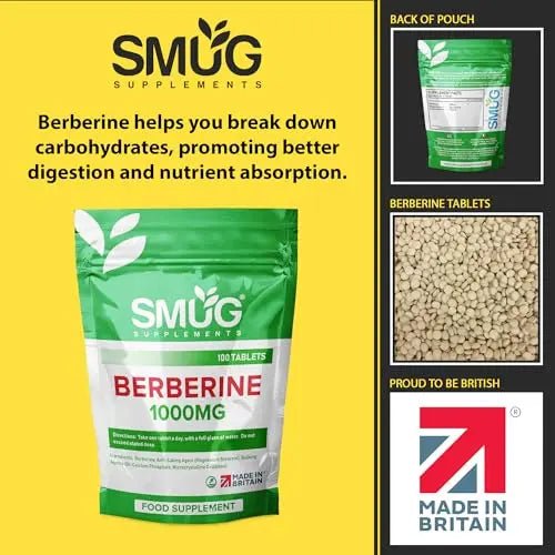 SMUG Supplements Berberine Tablets - 100 High Strength 1000mg Pills - Can Promote - TrustMedUSA