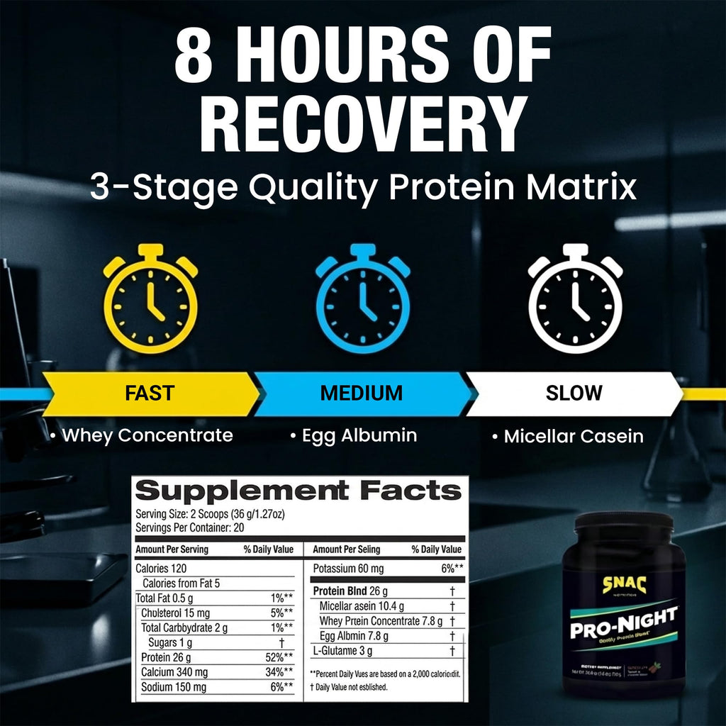 SNAC Pro-Night Protein Powder Blend - Quality Protein Powder for Men and Women, Nighttime Recovery, High Protein Supplement, Supports Muscle Repair, 26g Protein per Serving, Chocolate Flavor, 1.6 lbs - TrustMedUSA