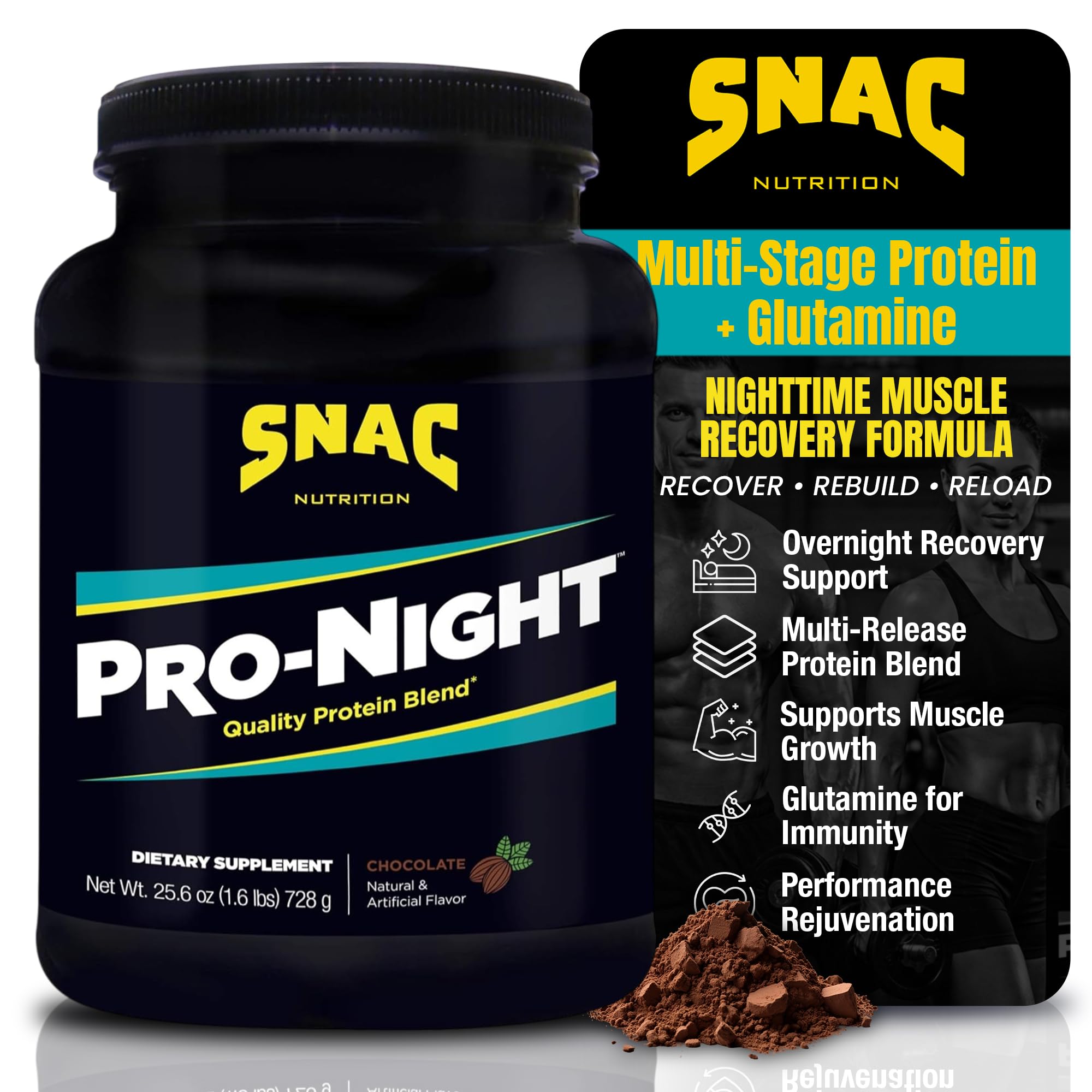 SNAC Pro-Night Protein Powder Blend - Quality Protein Powder for Men and Women, Nighttime Recovery, High Protein Supplement, Supports Muscle Repair, 26g Protein per Serving, Chocolate Flavor, 1.6 lbs - TrustMedUSA