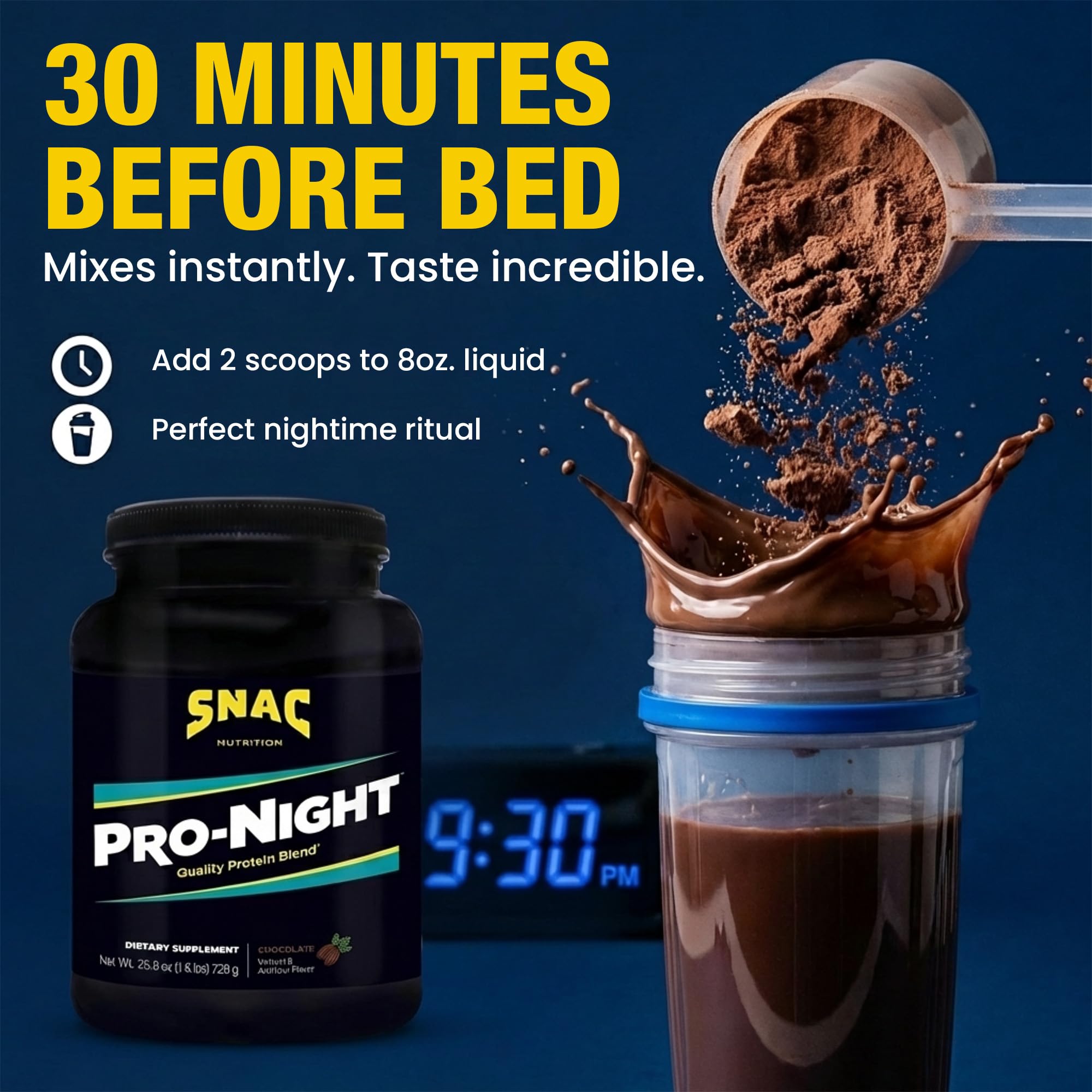SNAC Pro-Night Protein Powder Blend - Quality Protein Powder for Men and Women, Nighttime Recovery, High Protein Supplement, Supports Muscle Repair, 26g Protein per Serving, Chocolate Flavor, 1.6 lbs - TrustMedUSA