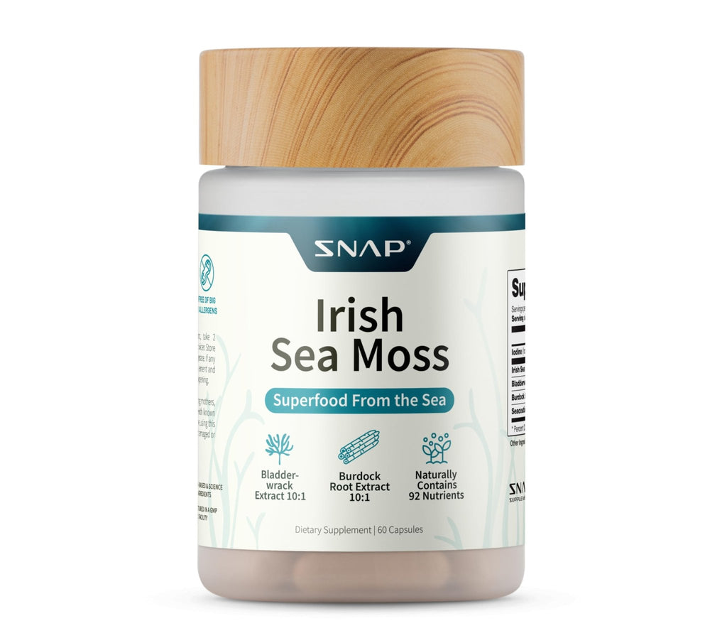 Snap Supplements Irish Sea Moss with Bladderwrack, Burdock Root & Iodine – Natural Sea Moss Supplement to Support Gut Health, Energy & Healthy-Looking Skin, 60 Vegan Capsules (1 Month Supply) - TrustMedUSA