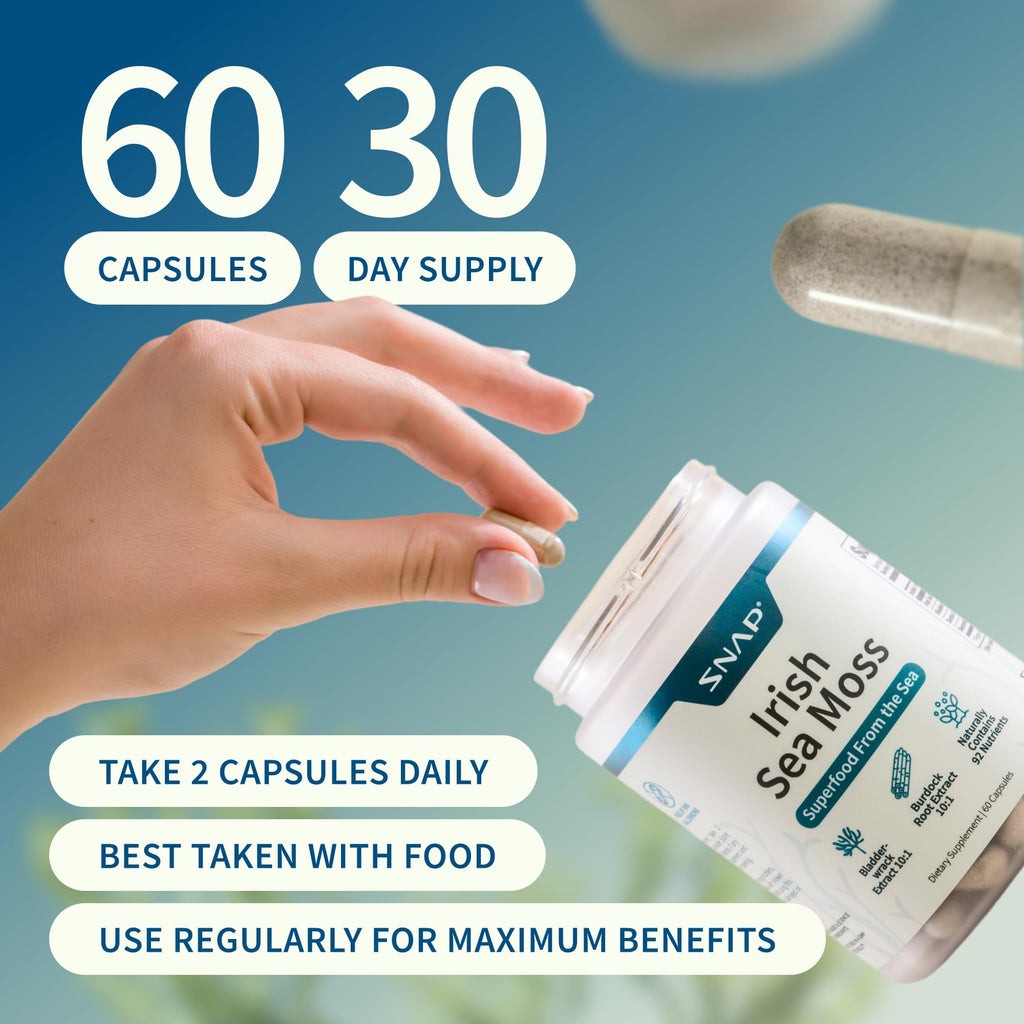 Snap Supplements Irish Sea Moss with Bladderwrack, Burdock Root & Iodine – Natural Sea Moss Supplement to Support Gut Health, Energy & Healthy-Looking Skin, 60 Vegan Capsules (1 Month Supply) - TrustMedUSA