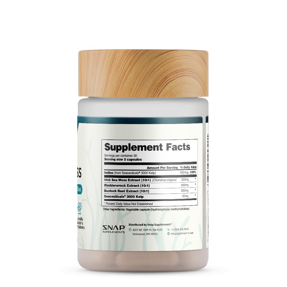 Snap Supplements Irish Sea Moss with Bladderwrack, Burdock Root & Iodine – Natural Sea Moss Supplement to Support Gut Health, Energy & Healthy-Looking Skin, 60 Vegan Capsules (1 Month Supply) - TrustMedUSA