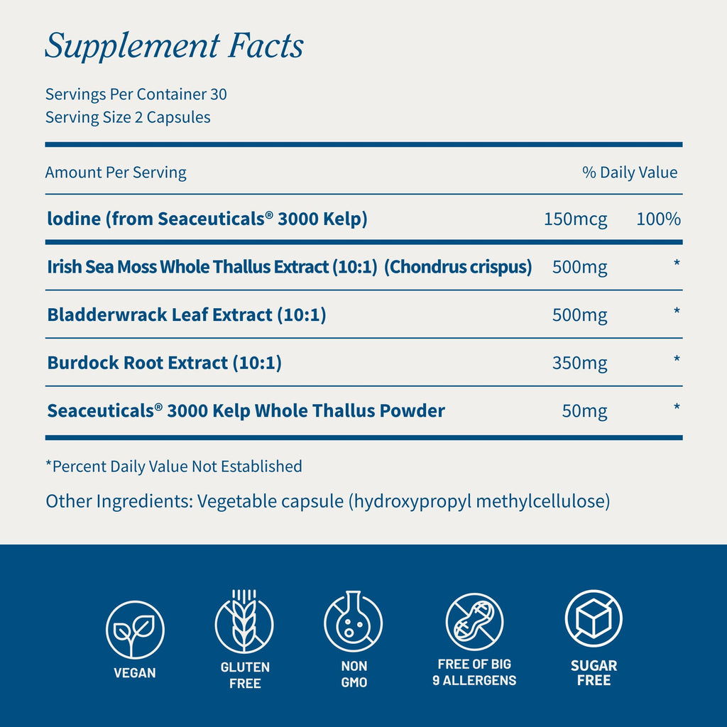 Snap Supplements Irish Sea Moss with Bladderwrack, Burdock Root & Iodine – Natural Sea Moss Supplement to Support Gut Health, Energy & Healthy-Looking Skin, 60 Vegan Capsules (1 Month Supply) - TrustMedUSA