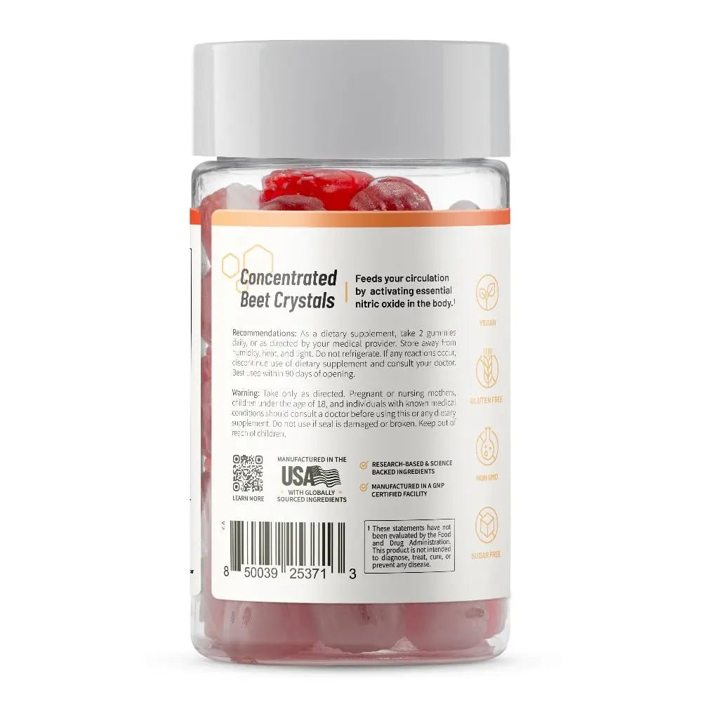 Snap Supplements Nitric Oxide Beet Root Gummies Supplement with Organic Beets - Energy & Circulation Support, 60 Sugar-Free Gummies (30 Servings, 1 Month Supply), Peach - TrustMedUSA