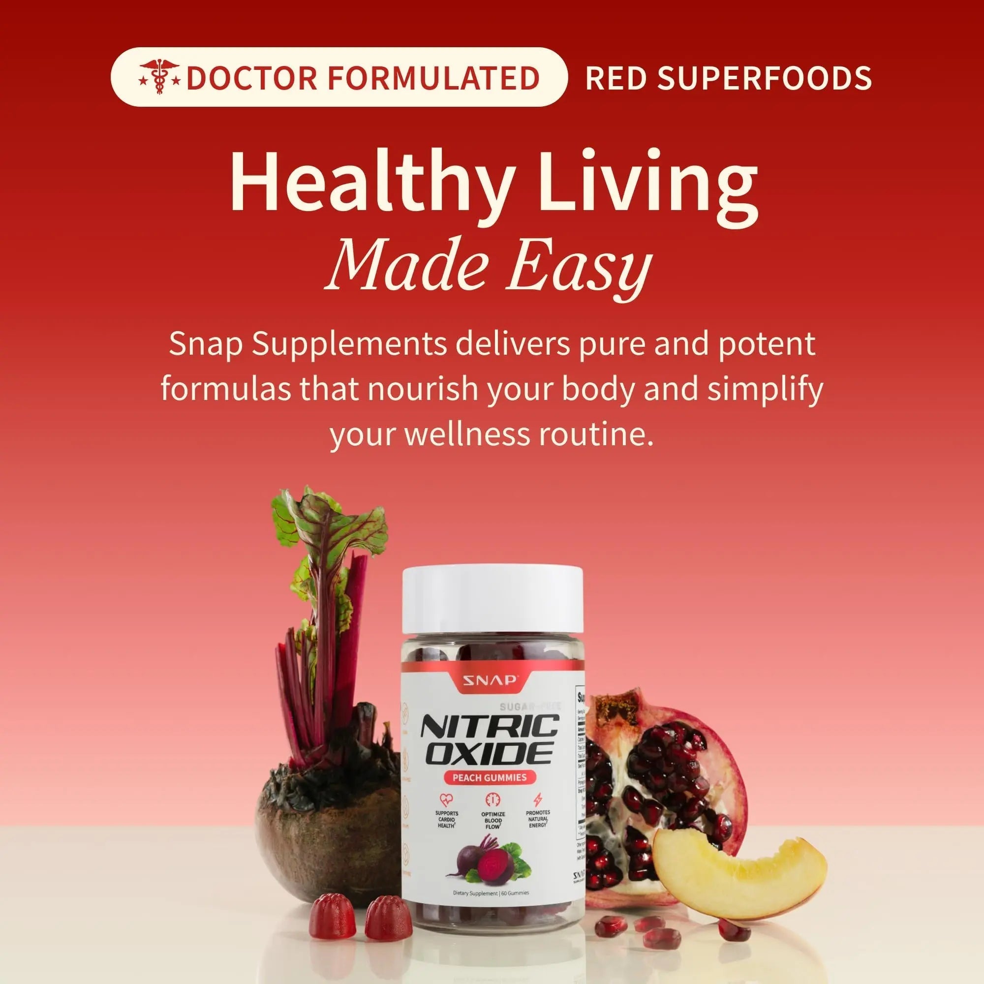 Snap Supplements Nitric Oxide Beet Root Gummies Supplement with Organic Beets - Energy & Circulation Support, 60 Sugar-Free Gummies (30 Servings, 1 Month Supply), Peach - TrustMedUSA