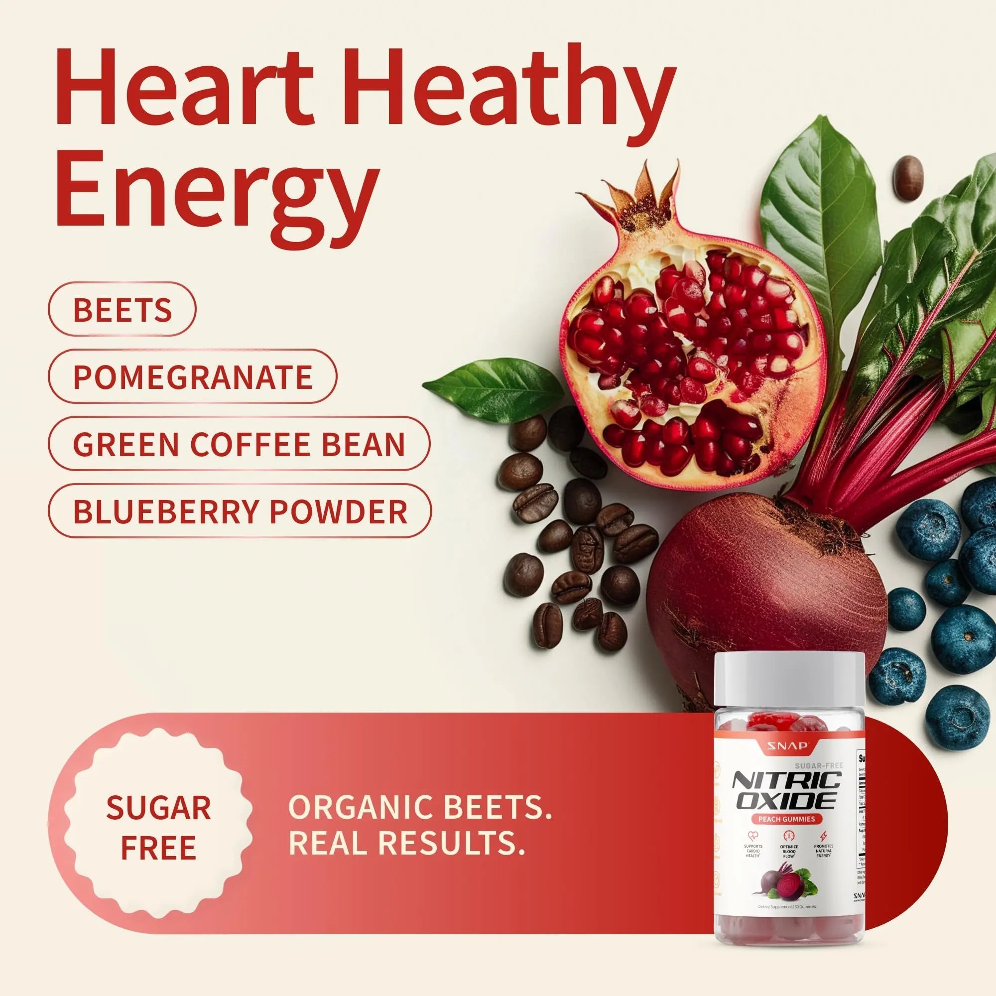 Snap Supplements Nitric Oxide Beet Root Gummies Supplement with Organic Beets - Energy & Circulation Support, 60 Sugar-Free Gummies (30 Servings, 1 Month Supply), Peach - TrustMedUSA