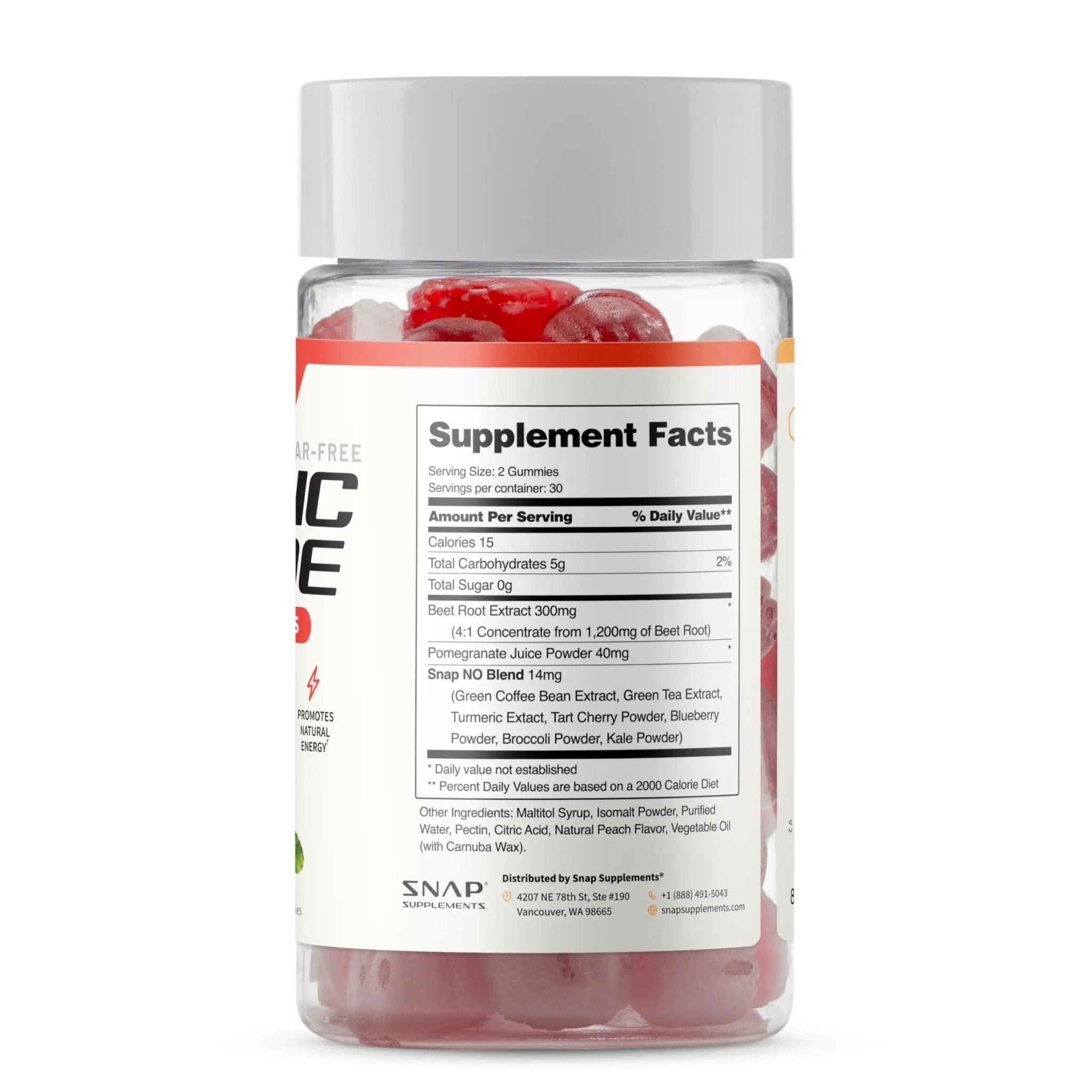Snap Supplements Nitric Oxide Beet Root Gummies Supplement with Organic Beets - Energy & Circulation Support, 60 Sugar-Free Gummies (30 Servings, 1 Month Supply), Peach - TrustMedUSA