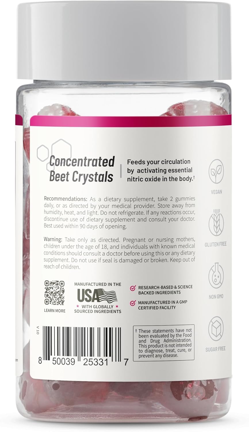 Snap Supplements Nitric Oxide Gummies - Beet Root Extract 300mg, Sugar Free Beetroot Supplement with Pomegranate Powder for Circulation & Natural Energy, 60 Vegan Gummies, Cherry Flavor - TrustMedUSA