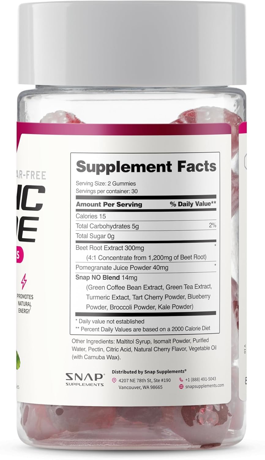 Snap Supplements Nitric Oxide Gummies - Beet Root Extract 300mg, Sugar Free Beetroot Supplement with Pomegranate Powder for Circulation & Natural Energy, 60 Vegan Gummies, Cherry Flavor - TrustMedUSA