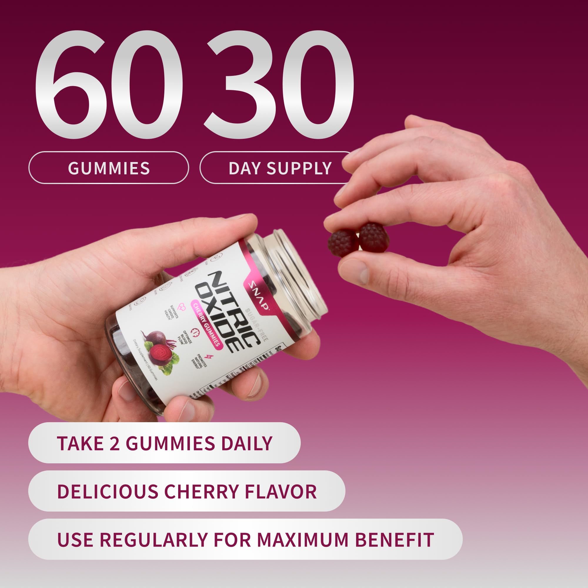 Snap Supplements Nitric Oxide Gummies - Beet Root Extract 300mg, Sugar Free Beetroot Supplement with Pomegranate Powder for Circulation & Natural Energy, 60 Vegan Gummies, Cherry Flavor - TrustMedUSA