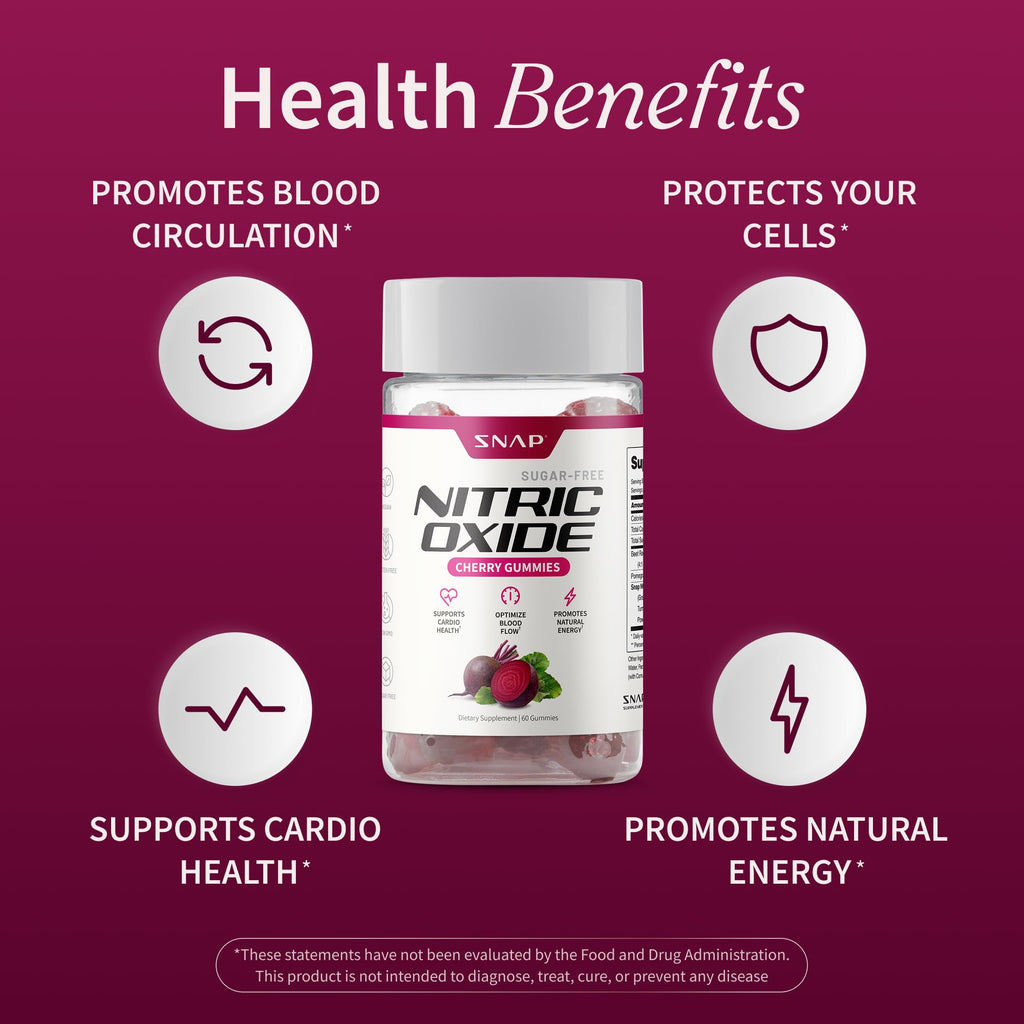 Snap Supplements Nitric Oxide Gummies - Beet Root Extract 300mg, Sugar Free Beetroot Supplement with Pomegranate Powder for Circulation & Natural Energy, 60 Vegan Gummies, Cherry Flavor - TrustMedUSA