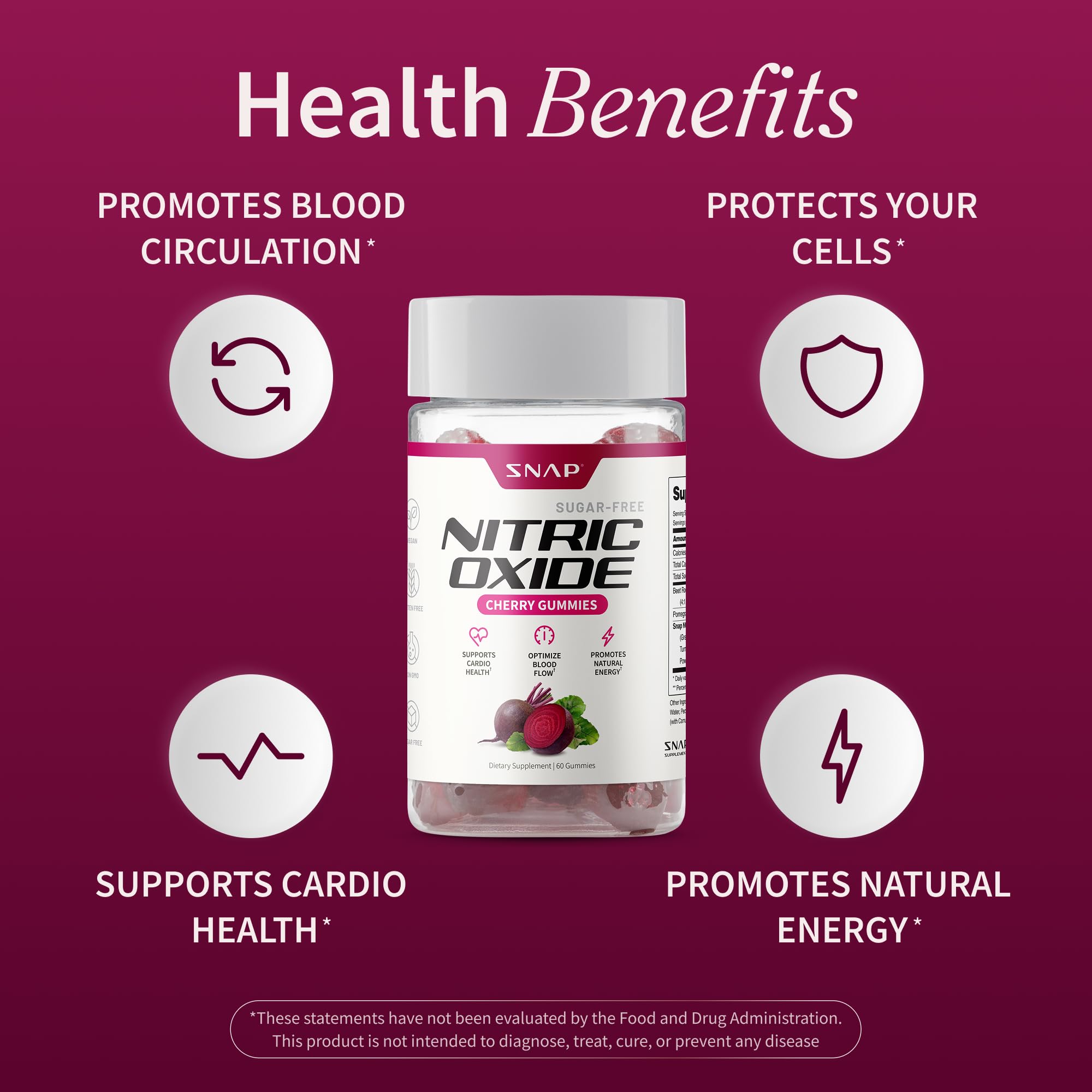 Snap Supplements Nitric Oxide Gummies - Beet Root Extract 300mg, Sugar Free Beetroot Supplement with Pomegranate Powder for Circulation & Natural Energy, 60 Vegan Gummies, Cherry Flavor - TrustMedUSA