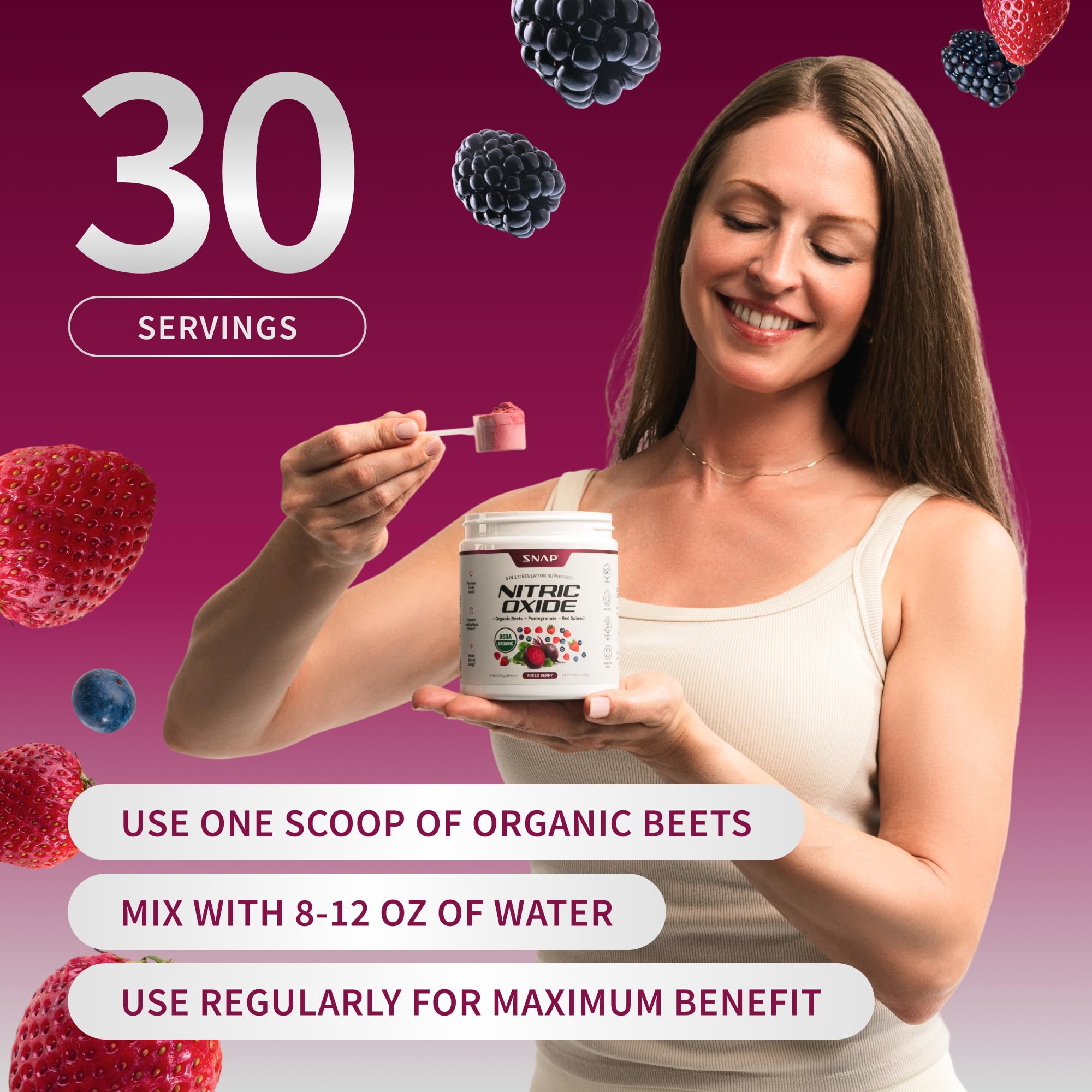 Snap Supplements Organic Beet Root Powder Nitric Oxide Supplement for Men & Women, Red Spinach & Pomegranate, Supports Healthy Energy & Blood Pressure Already in Normal Range, 30 Servings, Mixed Berry - TrustMedUSA