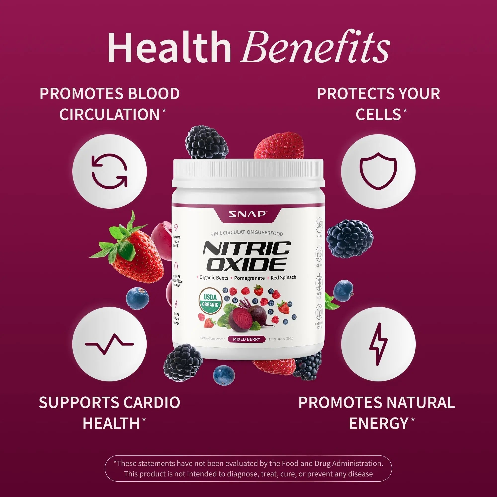 Snap Supplements Organic Beet Root Powder Nitric Oxide Supplement for Men & Women, Red Spinach & Pomegranate, Supports Healthy Energy & Blood Pressure Already in Normal Range, 30 Servings, Mixed Berry - TrustMedUSA