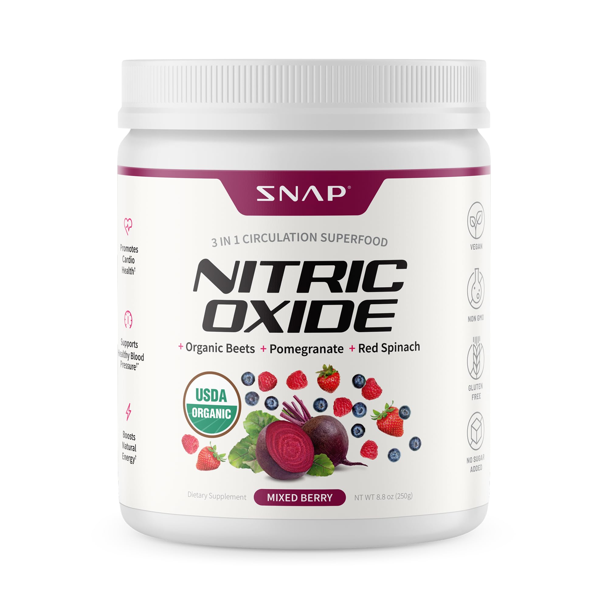 Snap Supplements Organic Beet Root Powder Nitric Oxide Supplement for Men & Women, Red Spinach & Pomegranate, Supports Healthy Energy & Blood Pressure Already in Normal Range, 30 Servings, Mixed Berry - TrustMedUSA