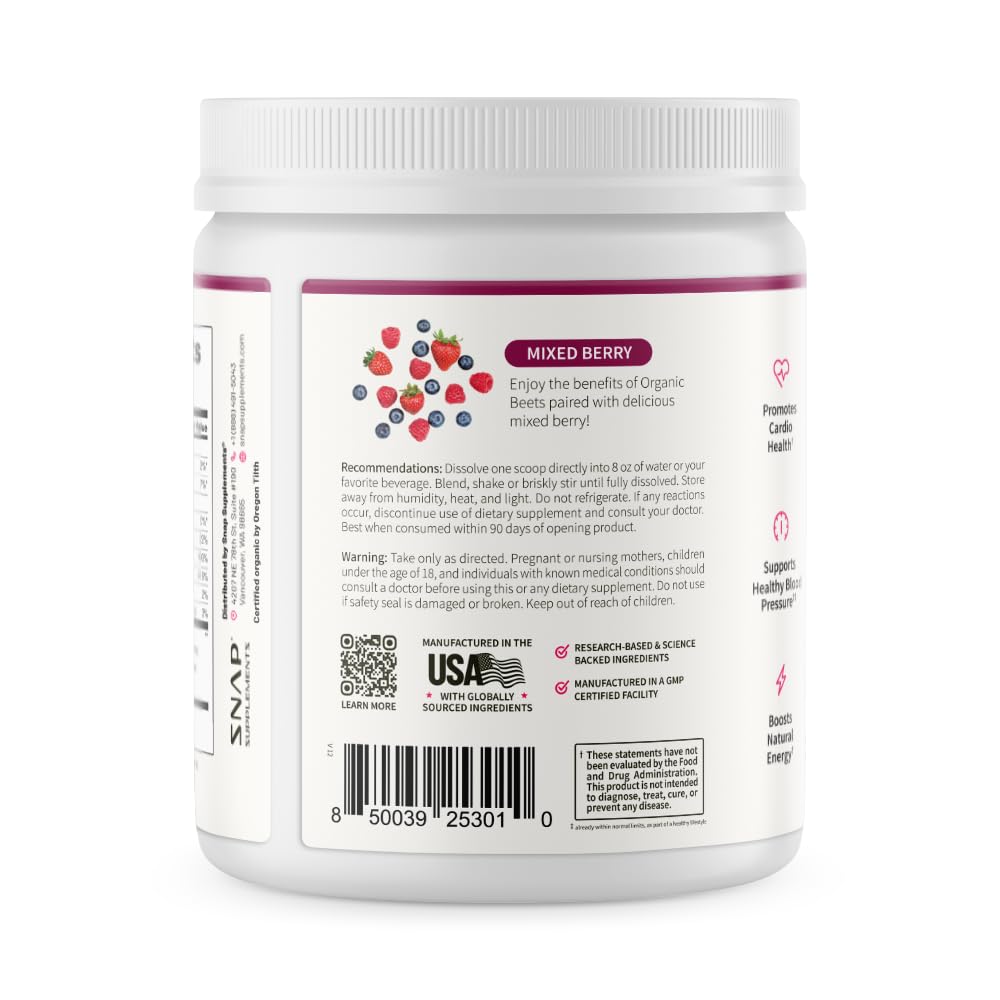Snap Supplements Organic Beet Root Powder Nitric Oxide Supplement for Men & Women, Red Spinach & Pomegranate, Supports Healthy Energy & Blood Pressure Already in Normal Range, 30 Servings, Mixed Berry - TrustMedUSA
