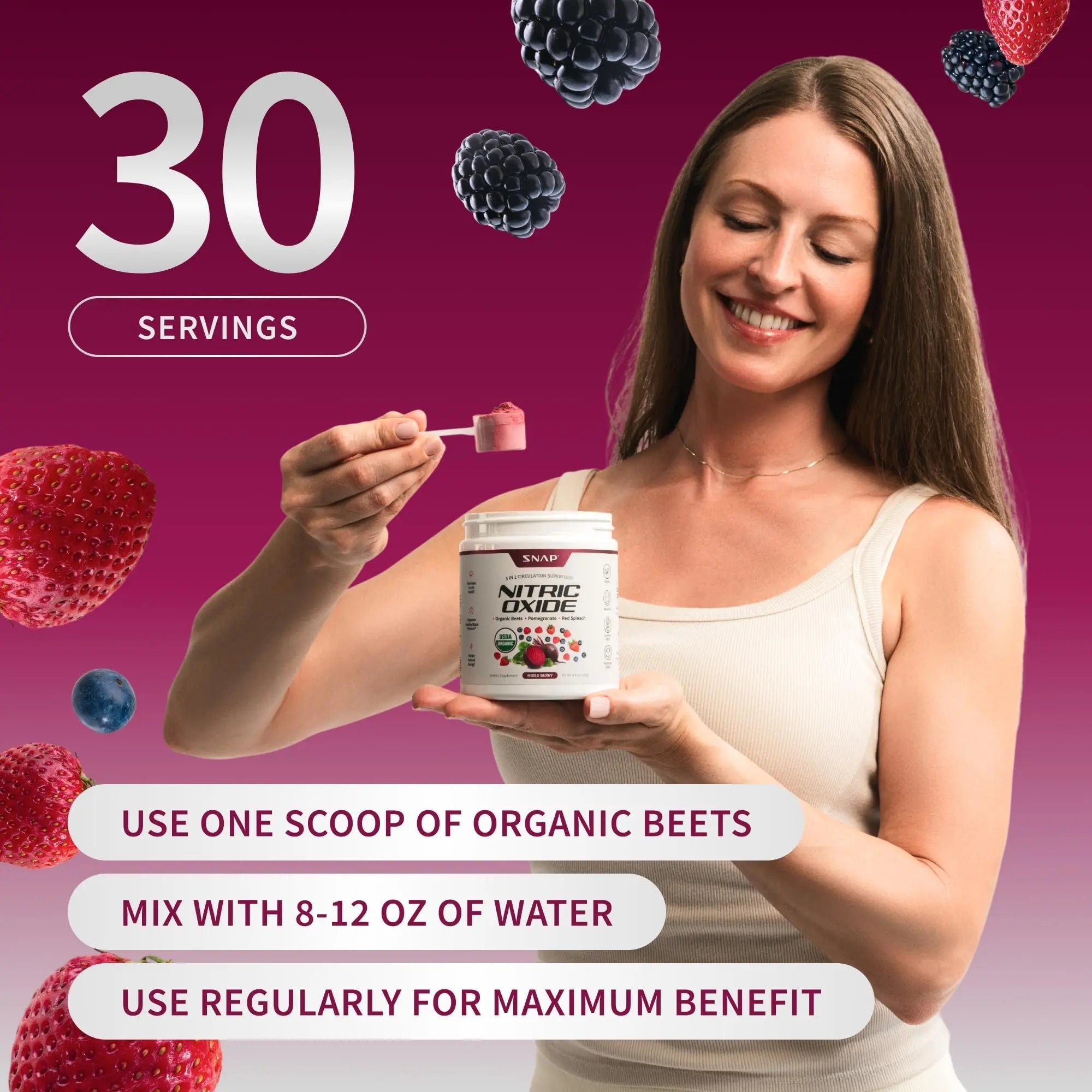 Snap Supplements Organic Beet Root Powder Nitric Oxide Supplement for Men & Women, Red Spinach & Pomegranate, Supports Healthy Energy & Blood Pressure Already in Normal Range, 30 Servings, Mixed Berry - TrustMedUSA