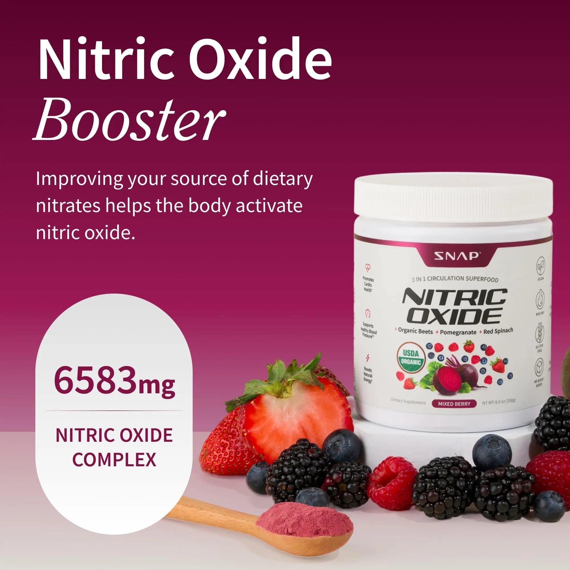 Snap Supplements Organic Beet Root Powder Nitric Oxide Supplement for Men & Women, Red Spinach & Pomegranate, Supports Healthy Energy & Blood Pressure Already in Normal Range, 30 Servings, Mixed Berry - TrustMedUSA