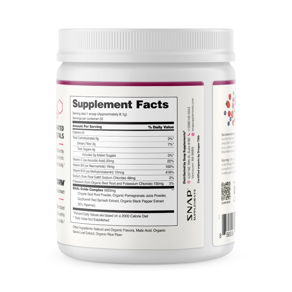 Snap Supplements Organic Beet Root Powder Nitric Oxide Supplement for Men & Women, Red Spinach & Pomegranate, Supports Healthy Energy & Blood Pressure Already in Normal Range, 30 Servings, Mixed Berry - TrustMedUSA