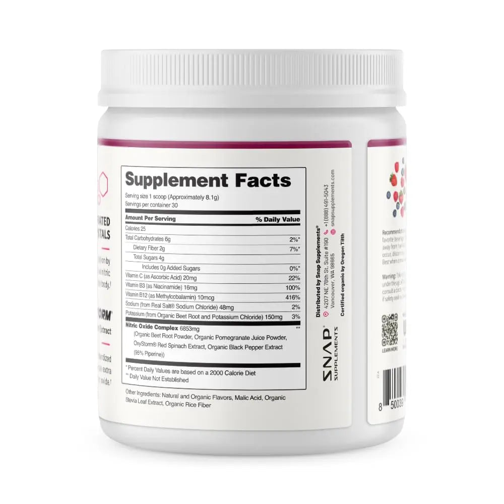 Snap Supplements Organic Beet Root Powder Nitric Oxide Supplement for Men & Women, Red Spinach & Pomegranate, Supports Healthy Energy & Blood Pressure Already in Normal Range, 30 Servings, Mixed Berry - TrustMedUSA