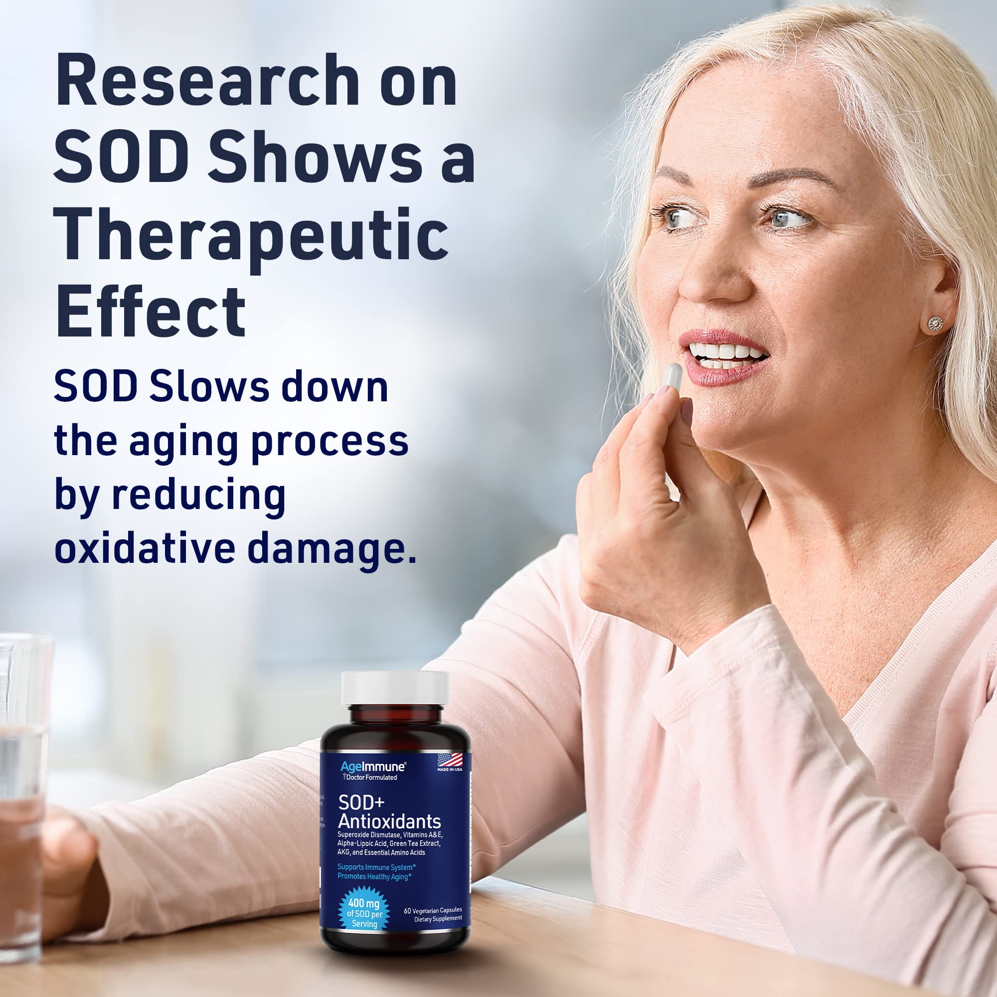SOD Antioxidants Complex Healthy Aging Supplement - 400mg of Superoxide Dismutase - Alpha Lipoic Acid - L-Arginine -Lysine - AKG - Vitamin A - Vitamin E for Immune Support-60 Capsules - TrustMedUSA