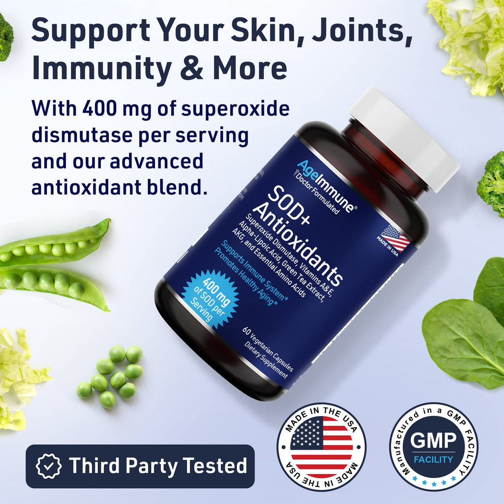 SOD Antioxidants Complex Healthy Aging Supplement - 400mg of Superoxide Dismutase - Alpha Lipoic Acid - L-Arginine -Lysine - AKG - Vitamin A - Vitamin E for Immune Support-60 Capsules - TrustMedUSA