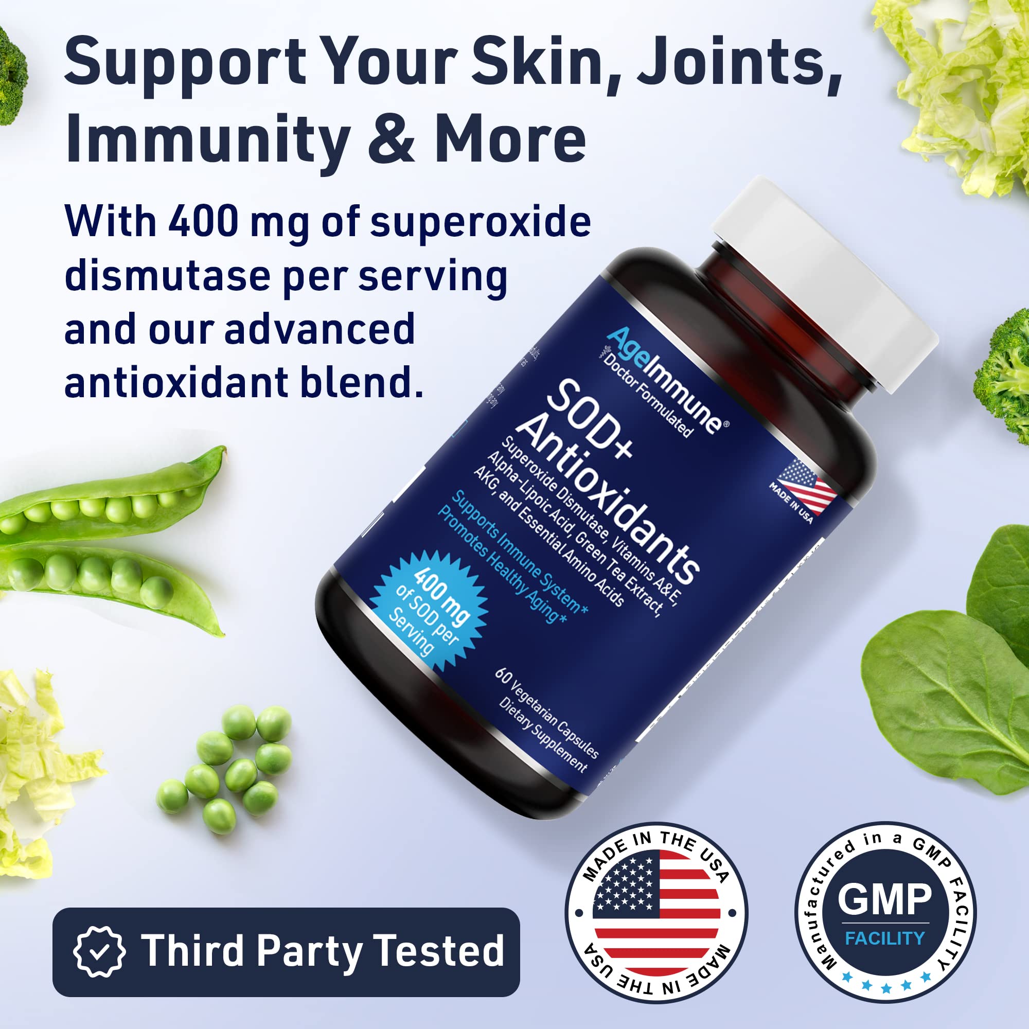 SOD Antioxidants Complex Healthy Aging Supplement - 400mg of Superoxide Dismutase - Alpha Lipoic Acid - L-Arginine -Lysine - AKG - Vitamin A - Vitamin E for Immune Support-60 Capsules - TrustMedUSA