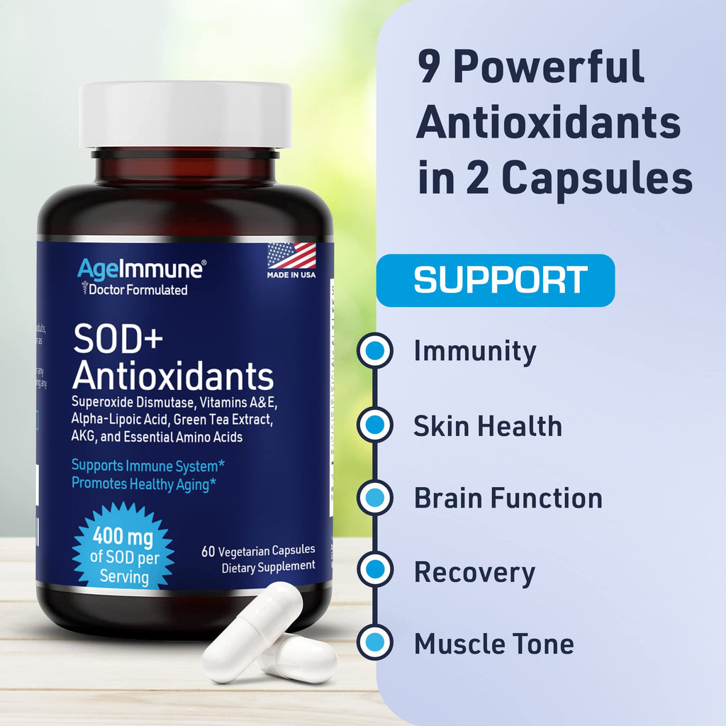 SOD Antioxidants Complex Healthy Aging Supplement - 400mg of Superoxide Dismutase - Alpha Lipoic Acid - L-Arginine -Lysine - AKG - Vitamin A - Vitamin E for Immune Support-60 Capsules - TrustMedUSA