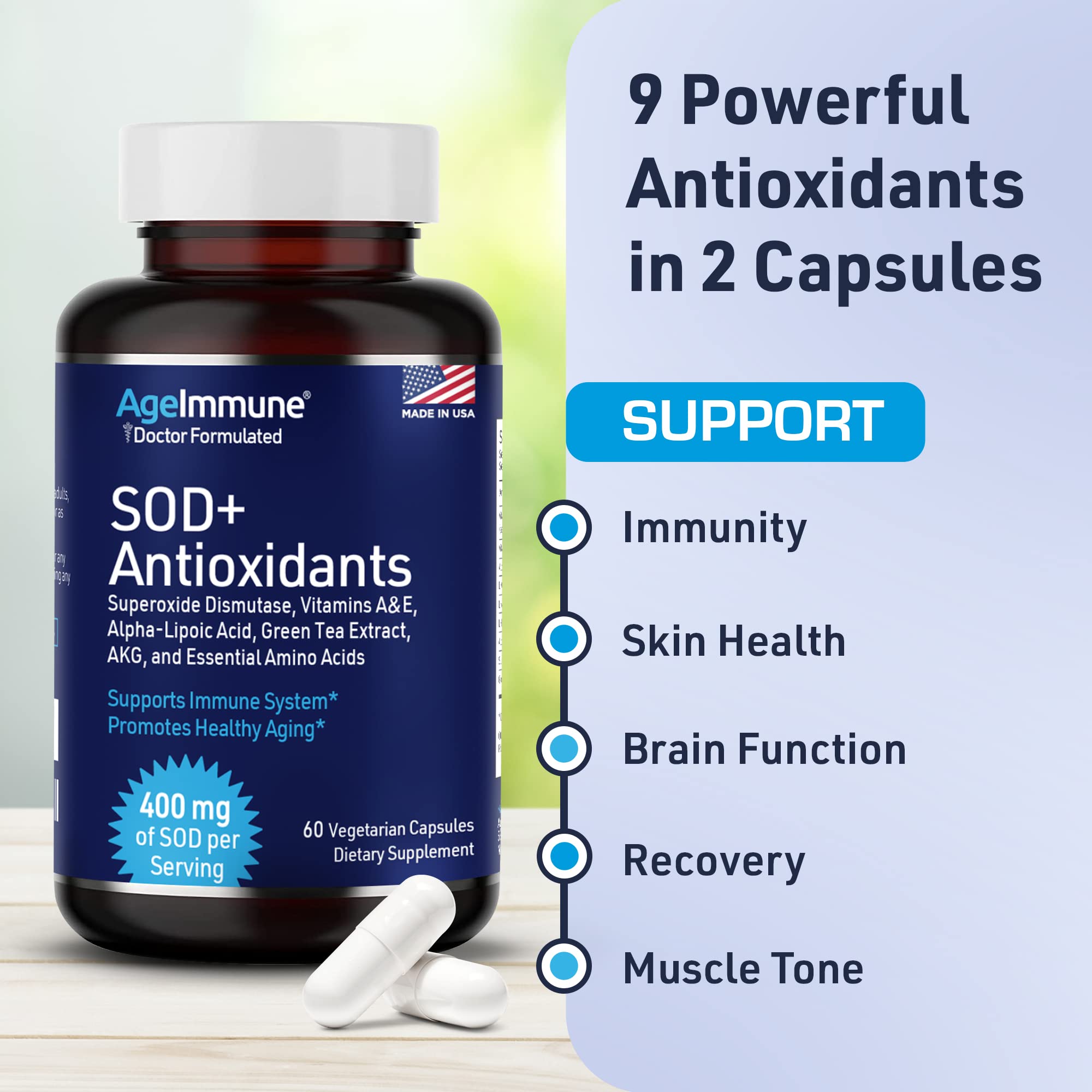 SOD Antioxidants Complex Healthy Aging Supplement - 400mg of Superoxide Dismutase - Alpha Lipoic Acid - L-Arginine -Lysine - AKG - Vitamin A - Vitamin E for Immune Support-60 Capsules - TrustMedUSA