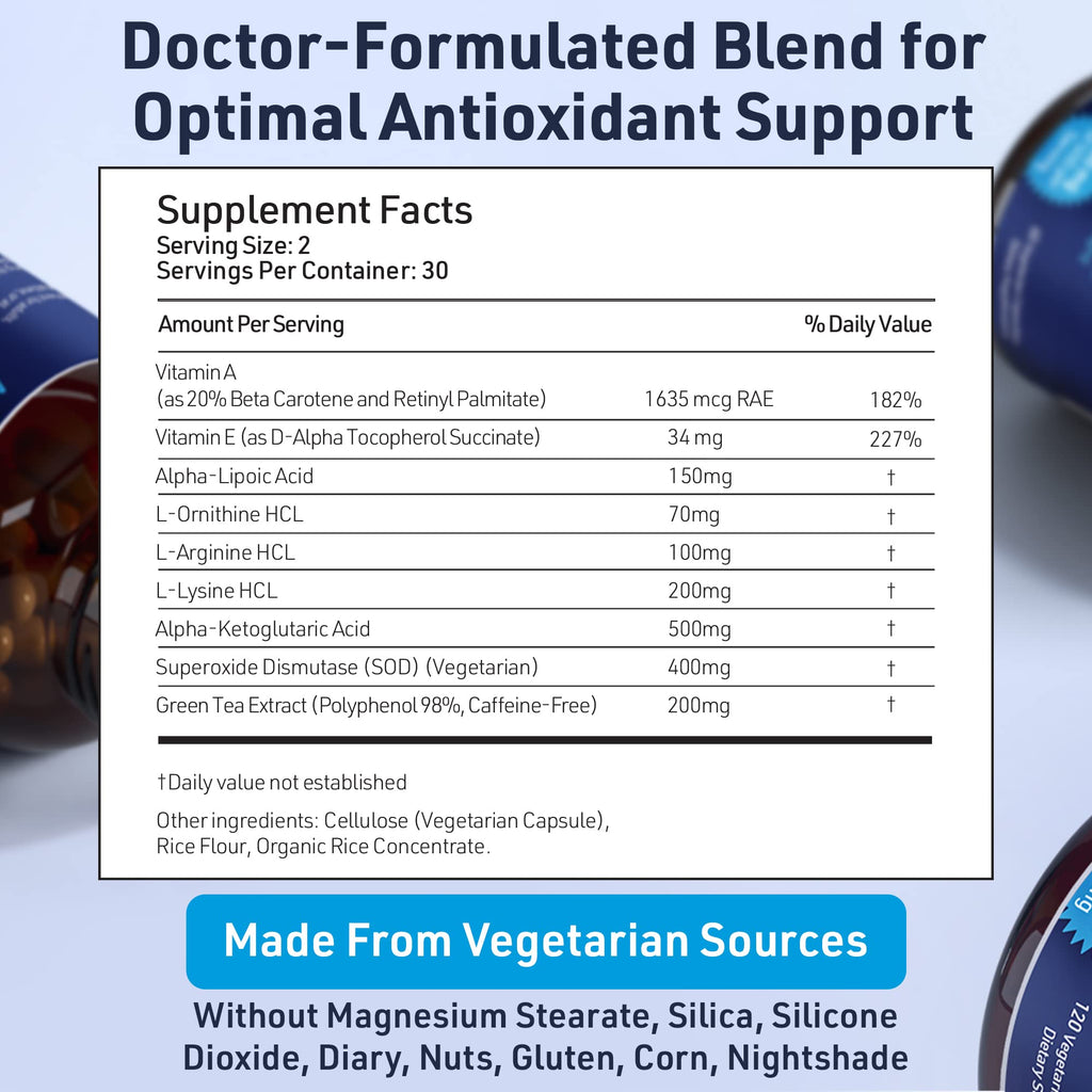SOD Antioxidants Complex Healthy Aging Supplement - 400mg of Superoxide Dismutase - Alpha Lipoic Acid - L-Arginine -Lysine - AKG - Vitamin A - Vitamin E for Immune Support-60 Capsules - TrustMedUSA