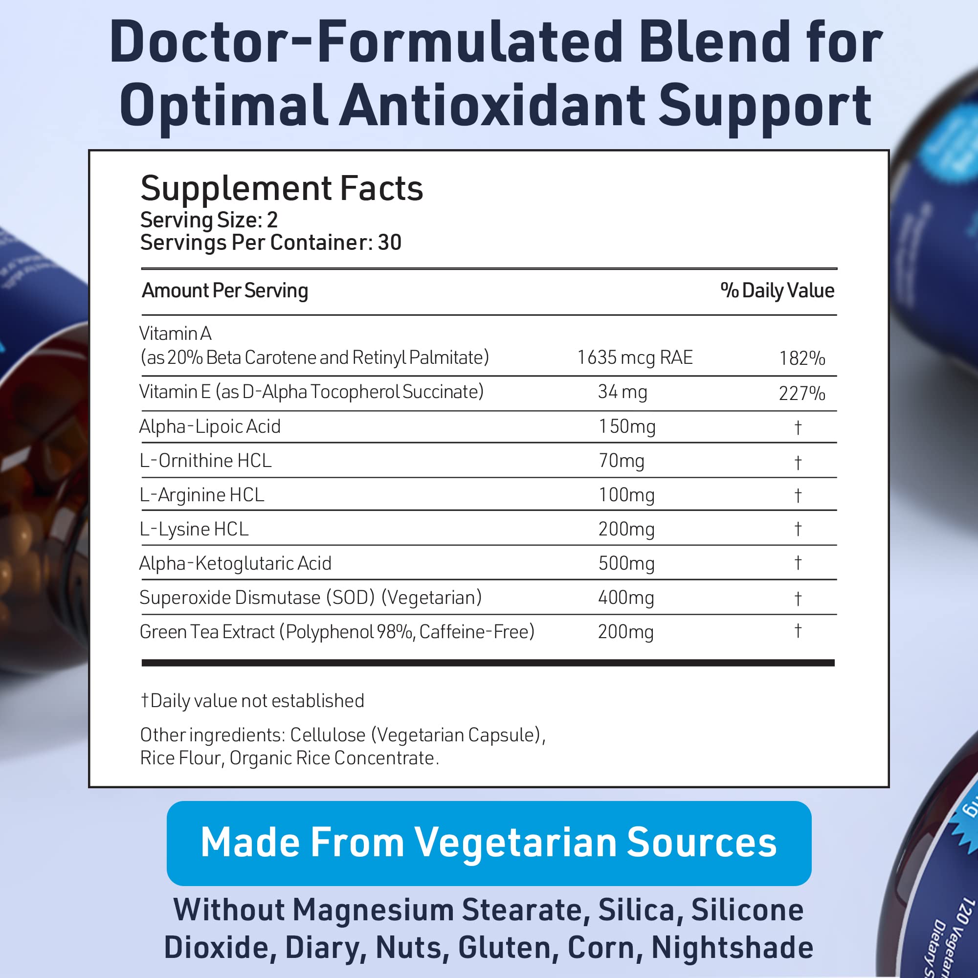SOD Antioxidants Complex Healthy Aging Supplement - 400mg of Superoxide Dismutase - Alpha Lipoic Acid - L-Arginine -Lysine - AKG - Vitamin A - Vitamin E for Immune Support-60 Capsules - TrustMedUSA